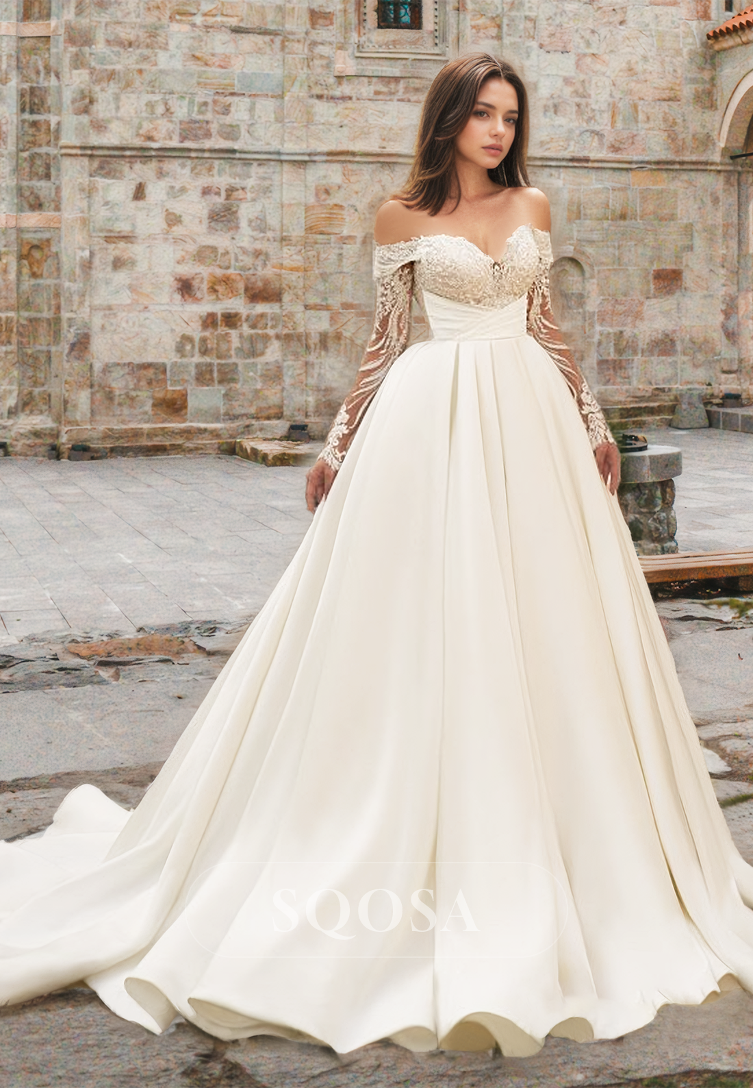 Sweetheart Lace Long-Sleeves Beaded Applique Bride Gowns Off-Shoulder Pleated Satin A-Line Wedding Dress White / US4 Sweetheart Lace Long-Sleeves Beaded Applique Bride Gowns Off-Shoulder Pleated Satin A-Line Wedding Dress White / US4