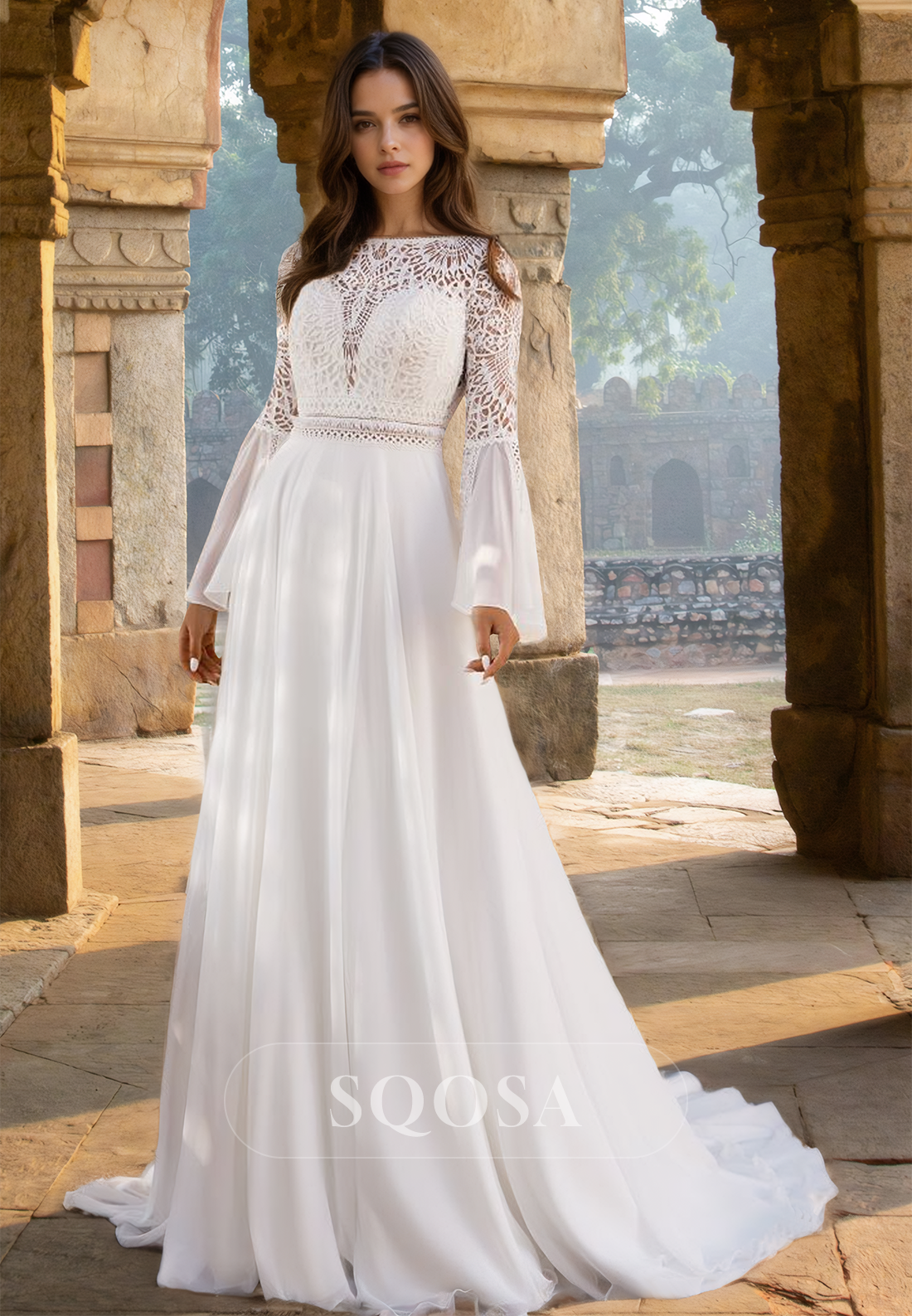 Scoop-Neck Long-Sleeves Chiffon Bride Gowns Lace Applique Pleated A-Li SQOSA Scoop-Neck Long-Sleeves Chiffon Bride Gowns Lace Applique Pleated A-Li SQOSA