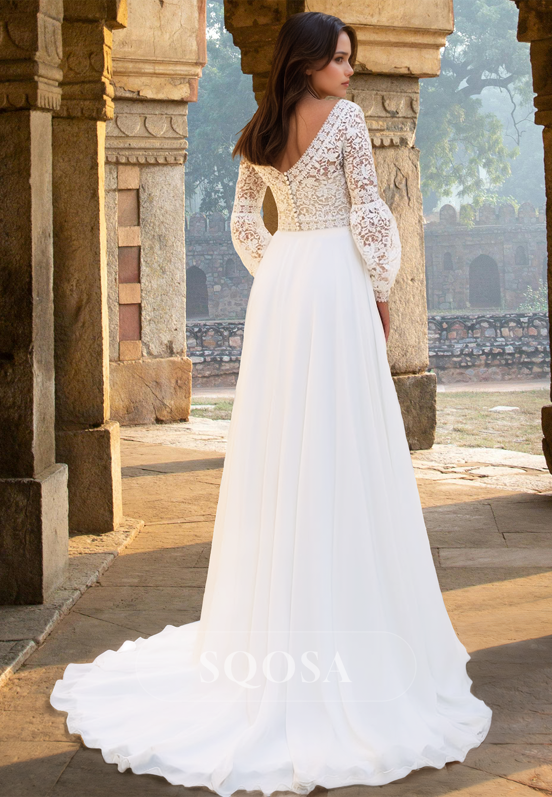 Long-Sleeves V-Neck Lace Applique Cutout Pleated Bride Gowns A-Line Cutout Chiffon Wedding Dress