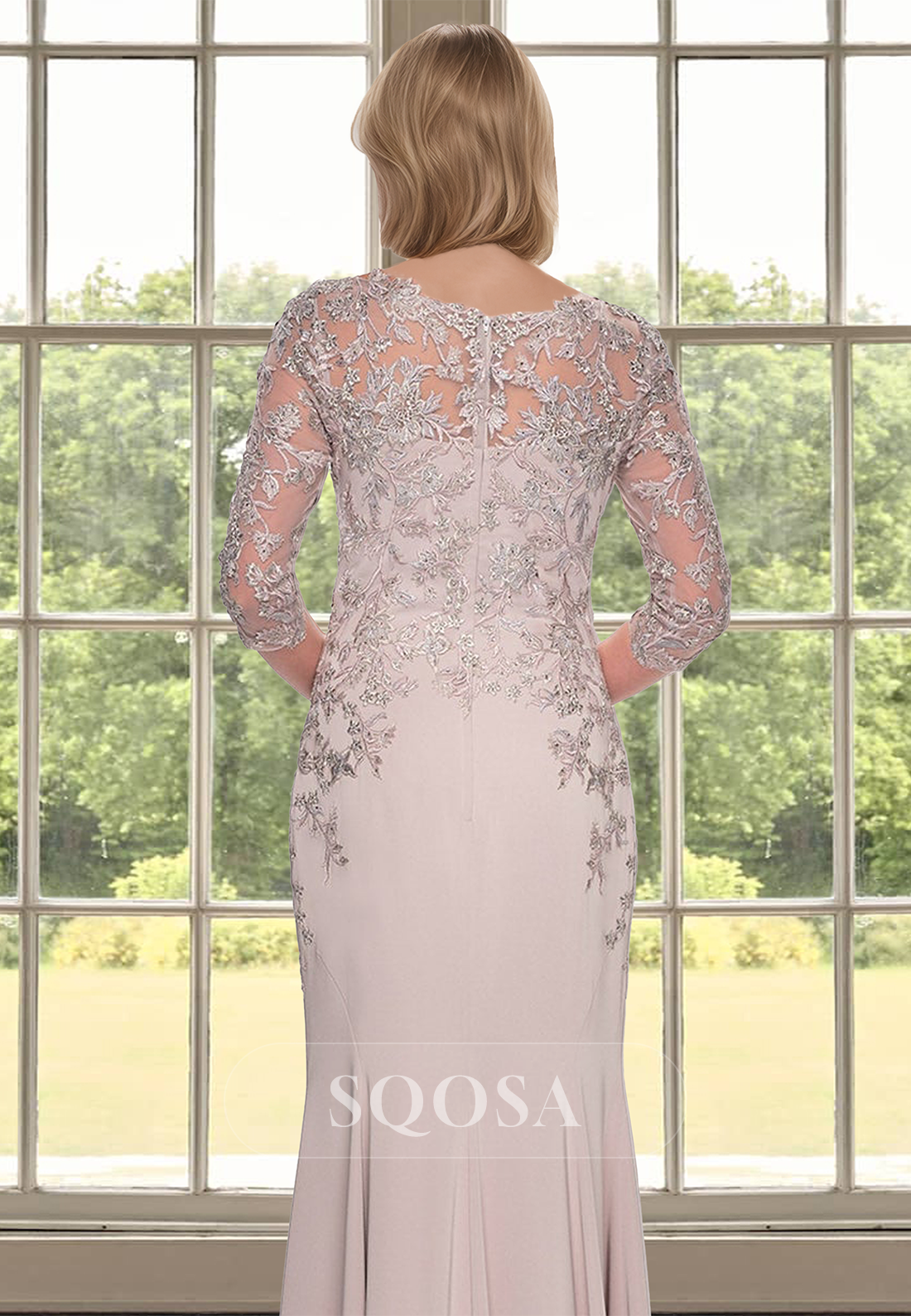 Half-Sleeves V-Neck Chiffon Cocktail Gowns Lace Applique Mearmaid Mother of the Bride Dress