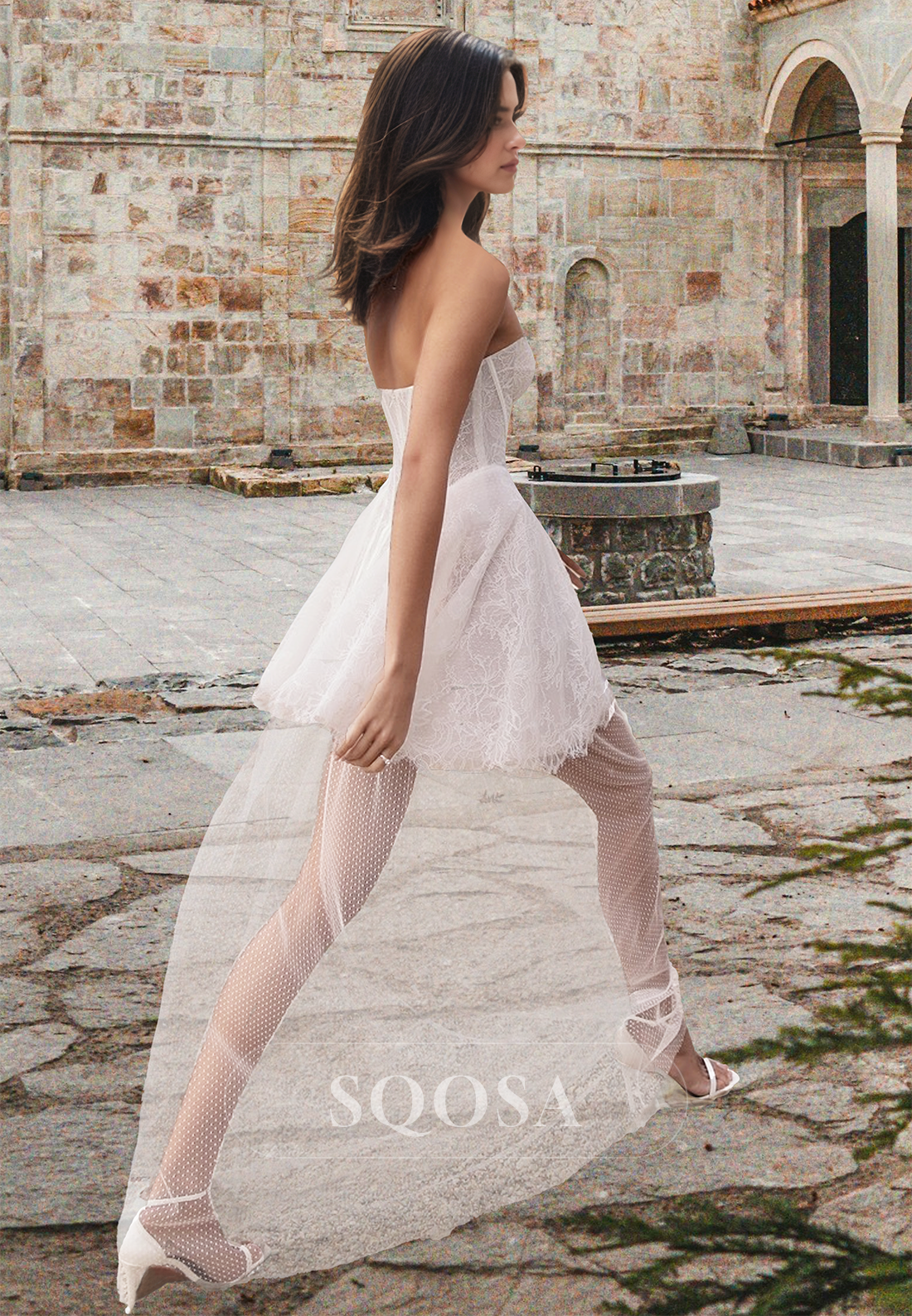 Off-Shoulder Sleeveless Sweetheart Allover Lace Applique A-Line Boho Wedding Dress with Tulle Overskirt