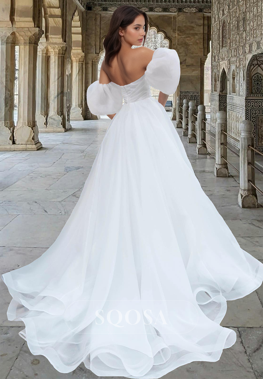Sweetheart Puff-Sleeves Off-Shoulder A-Line Wedding Dress Pleated Tulle Sweep Train Bride Gowns