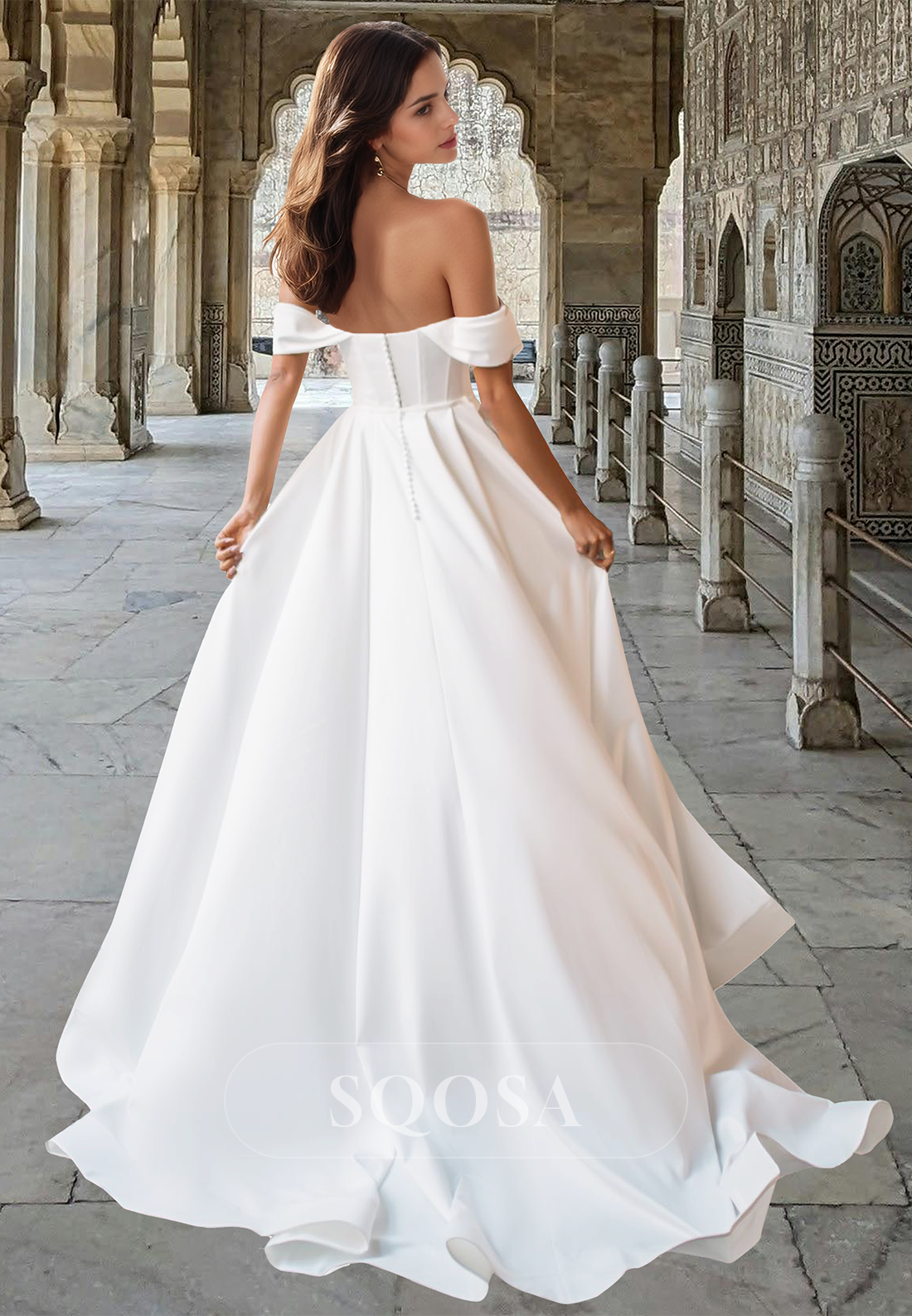 Off-Shoulder Sweetheart Sleeveless Pleated Satin Mermaid Wedding Dress with Overskirt