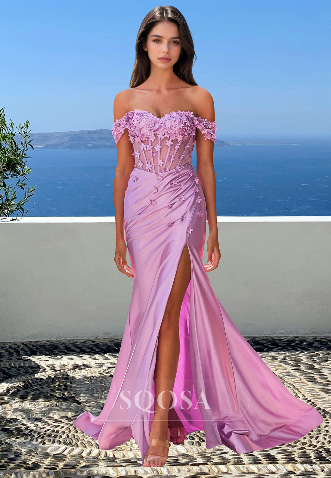Sweetheart Off-Shoulder Sleeveless Mermaid Prom Dress Floral Applique Pleated Slit Party Gowns Custom Color / US16 Sweetheart Off-Shoulder Sleeveless Mermaid Prom Dress Floral Applique Pleated Slit Party Gowns Custom Color / US16