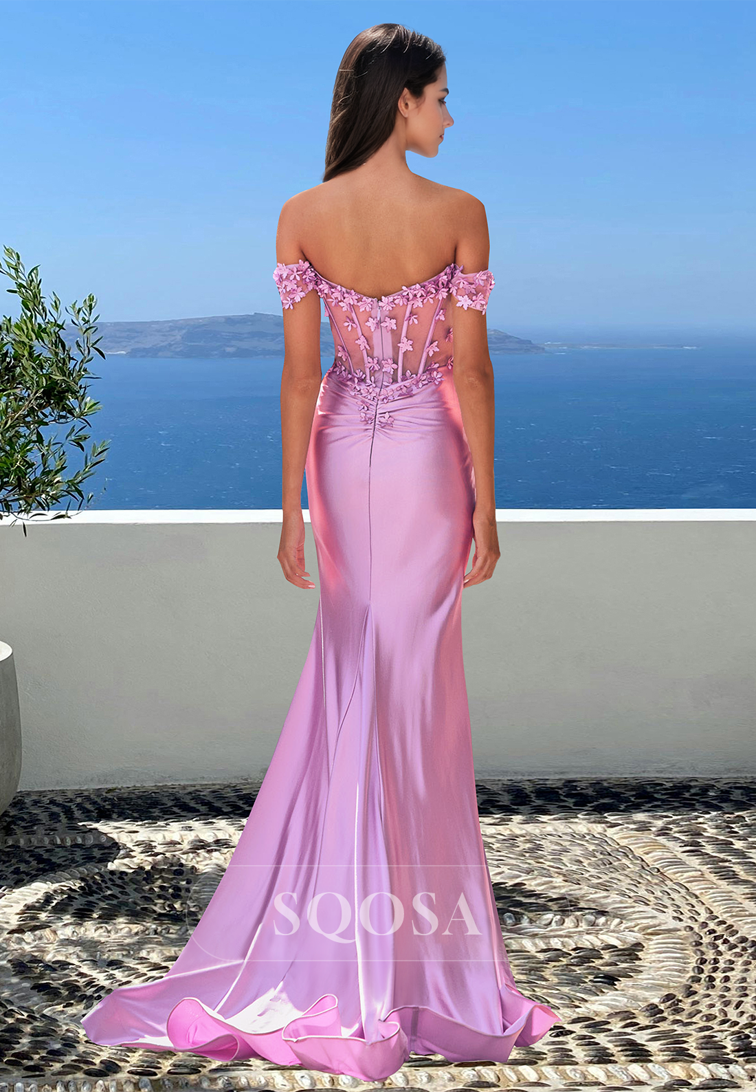 Sweetheart Off-Shoulder Sleeveless Mermaid Prom Dress Floral Applique Pleated Slit Party Gowns