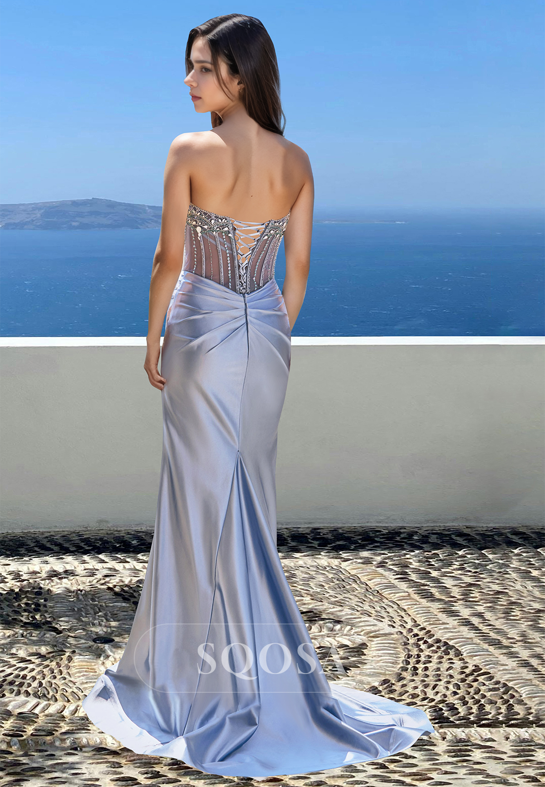 Scoop-Neck Off-Shoulder Sleeveless Evening Gowns Beaded Pleated Mermaid Prom Dress with Sweep Train