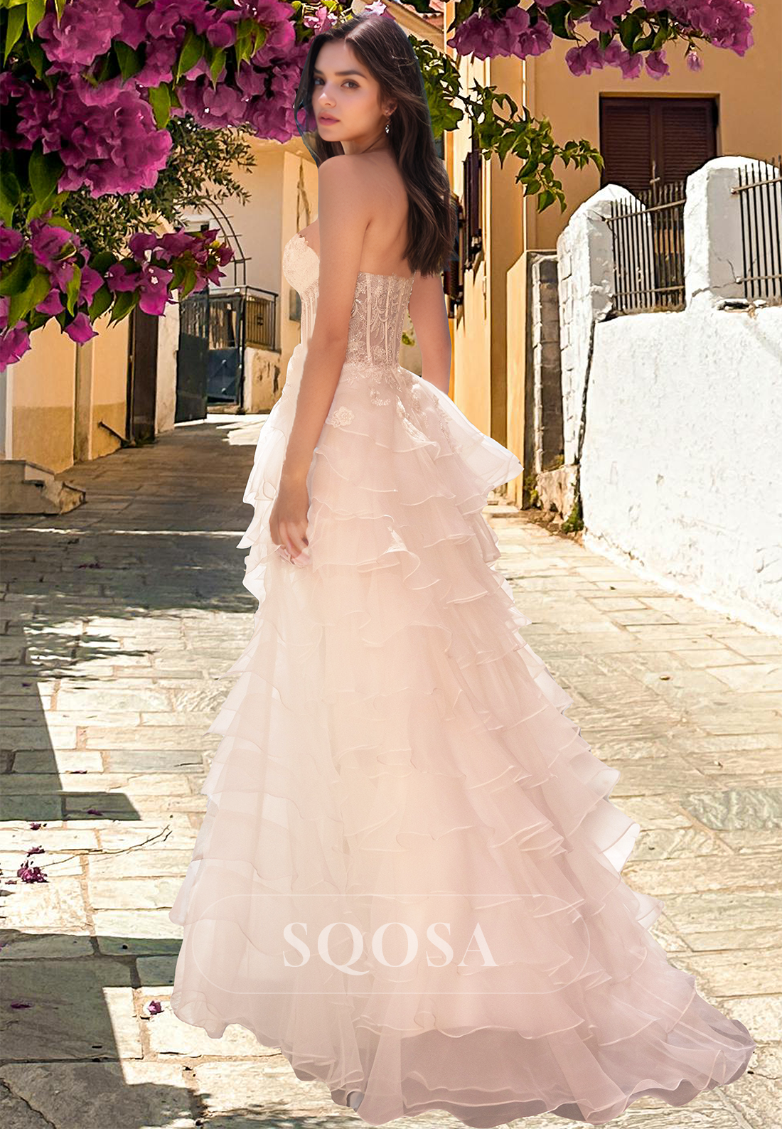 A-Line Sweetheart Sleeveless Off-Shoulder Chiffon Prom Dress Beaded Lace Applique Tiered Evening Gowns