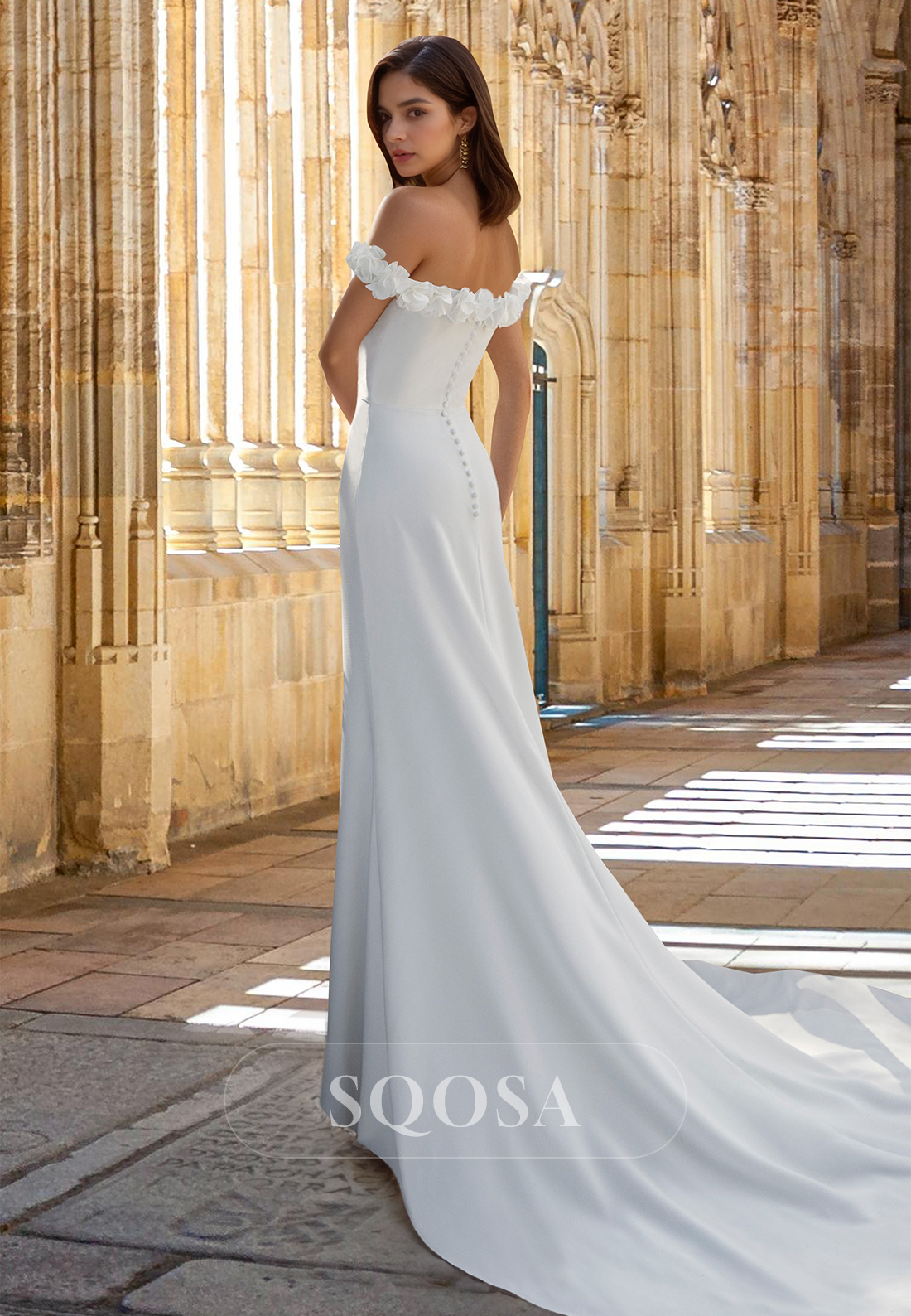 Floral Embossed Tube Top Off-Shoulder Mermaid Wedding Dress Pleated High Slit Bride Gowns with Train