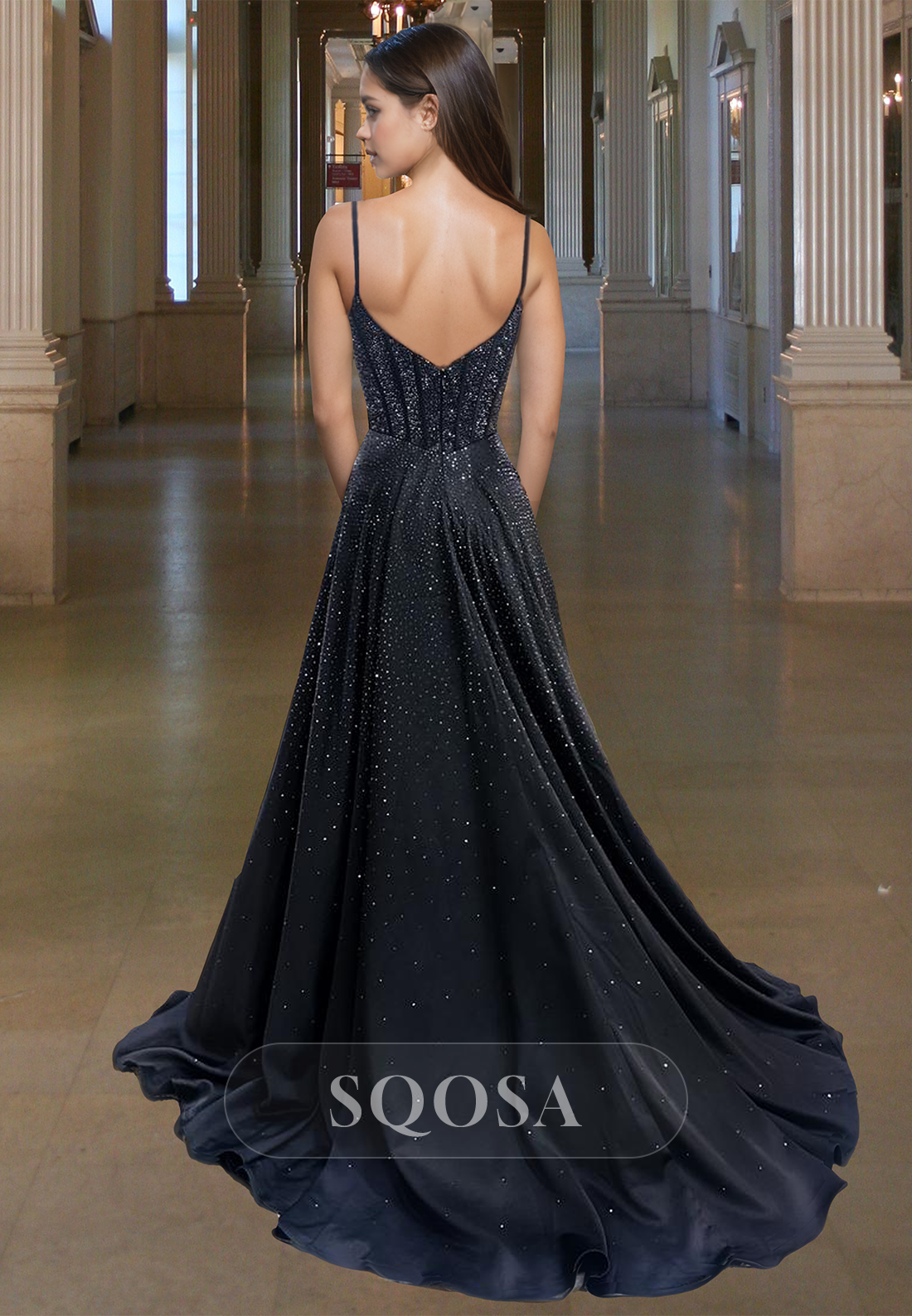 A-Link V-Neck Spaghetti Straps Off-Shoulder Sleeveless Prom Dress Fully Beaded Pleated Evening Gowns