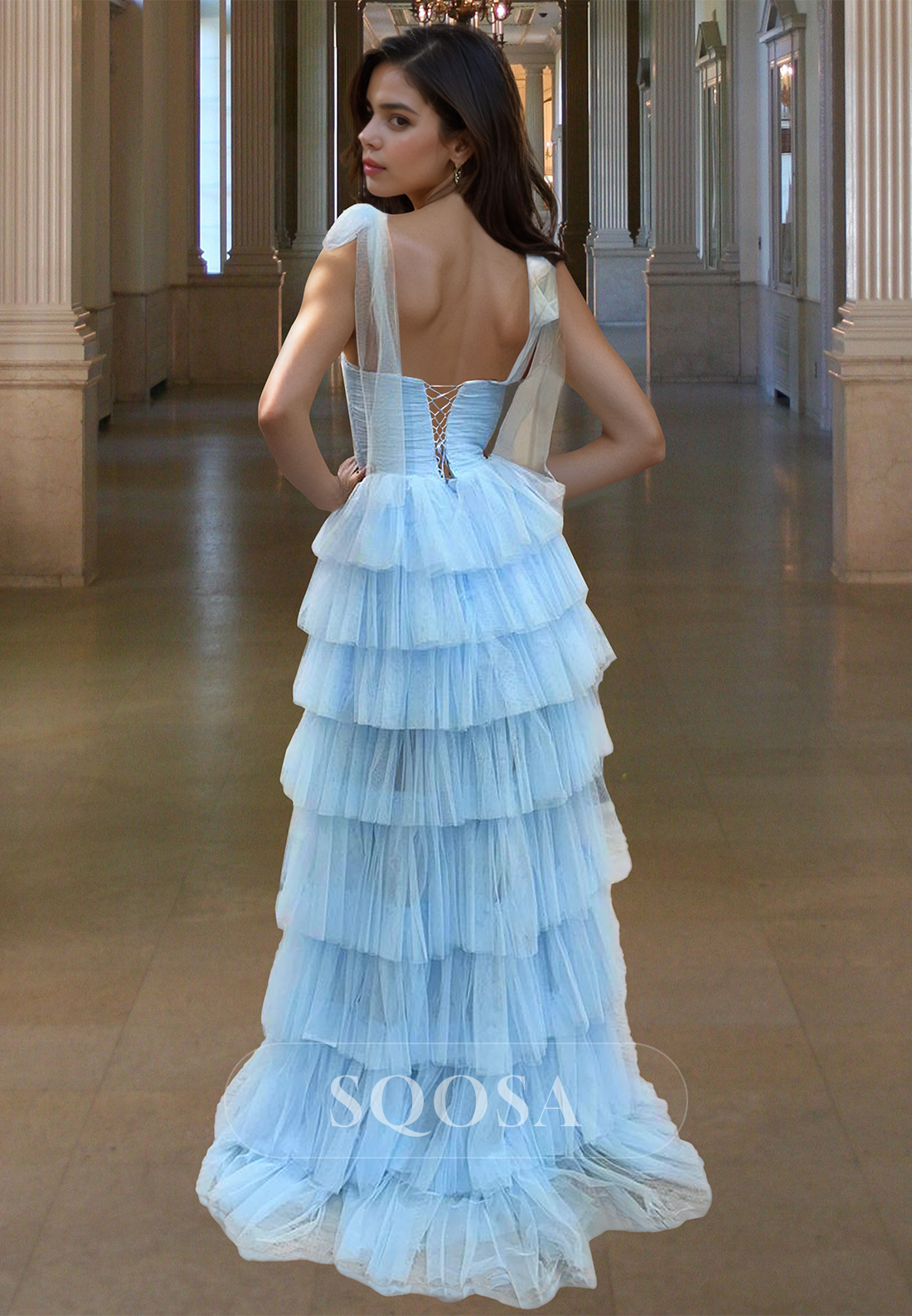 Tube Top Spaghetti Straps Pleated Tiered Tulle A-Line Prom Dress Off-Shoulder Sleeveless Formal Gowns