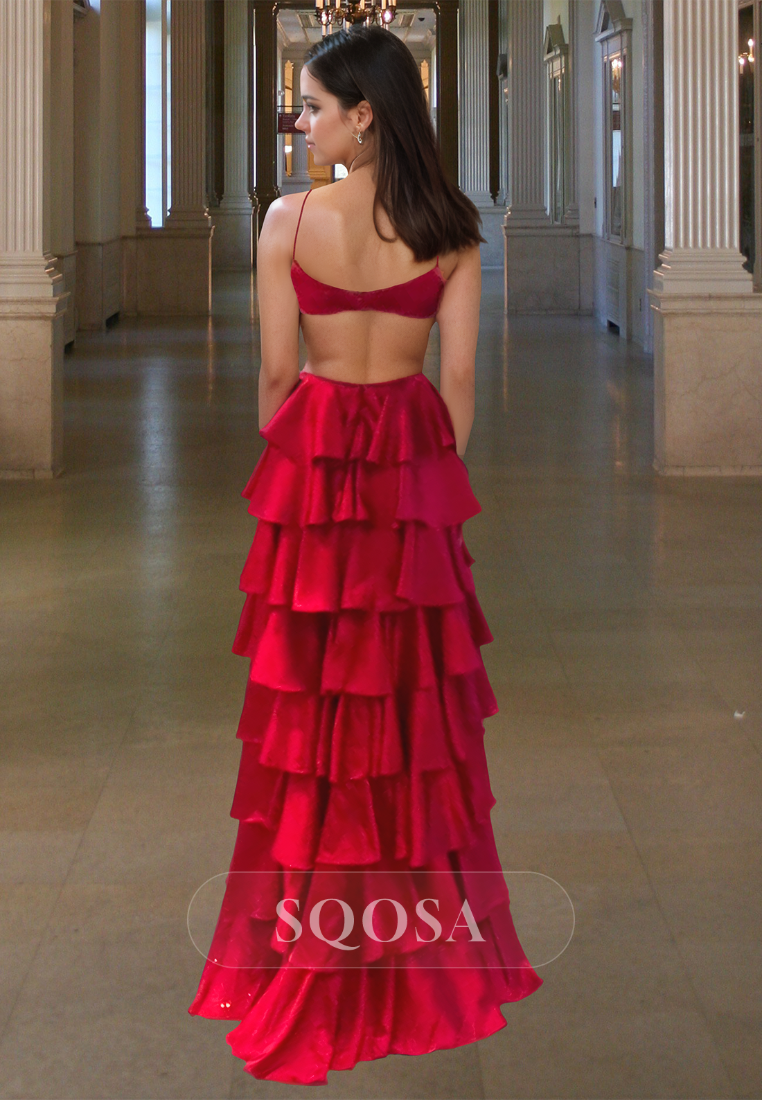 Spaghetti Straps V-Neck Off-Shoulder Sleeveless Formal Gowns Pleated Tiered A-Line Prom Dress