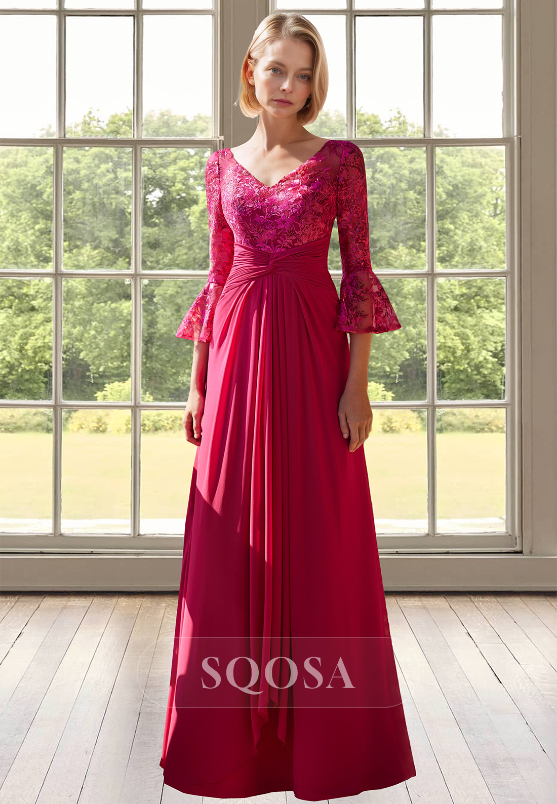 V-Neck Half-Sleeves A-Line Mother of the Bride Dress Lace Applique Pleated Floor-Length Cocktail Gowns Red / US2 V-Neck Half-Sleeves A-Line Mother of the Bride Dress Lace Applique Pleated Floor-Length Cocktail Gowns Red / US2