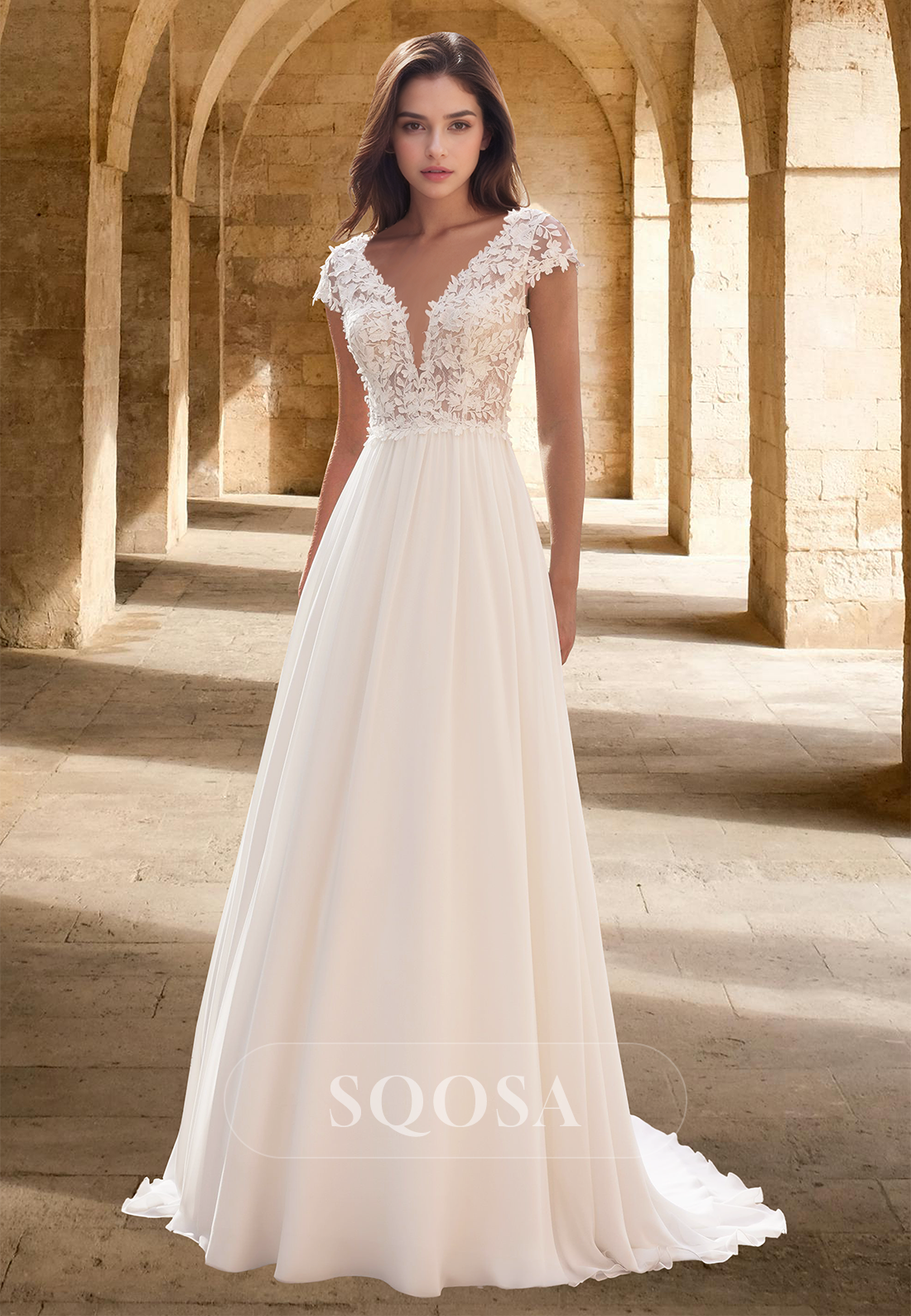 Deep V-Neck Spaghetti Straps Short-Sleeves A-Line Wedding Dress Lace Applique Pleated Cutout Bride Gowns White / US8 Deep V-Neck Spaghetti Straps Short-Sleeves A-Line Wedding Dress Lace Applique Pleated Cutout Bride Gowns White / US8