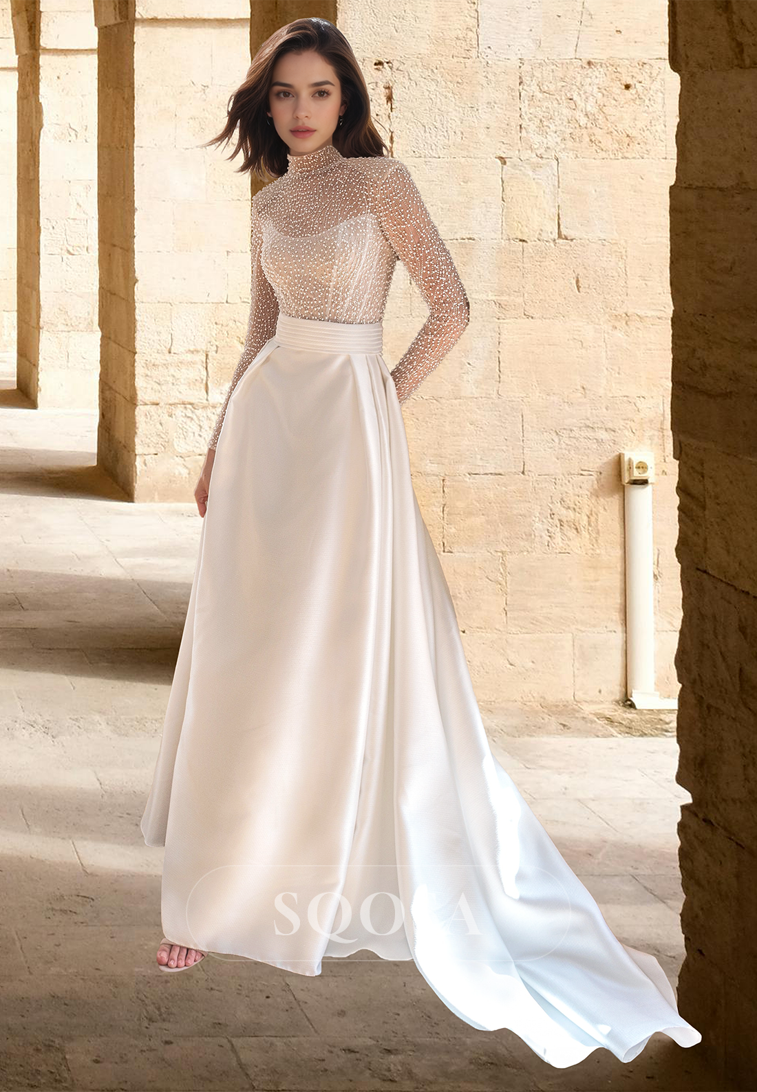 high neck beaded wedding dress High Neck Wedding Dresses