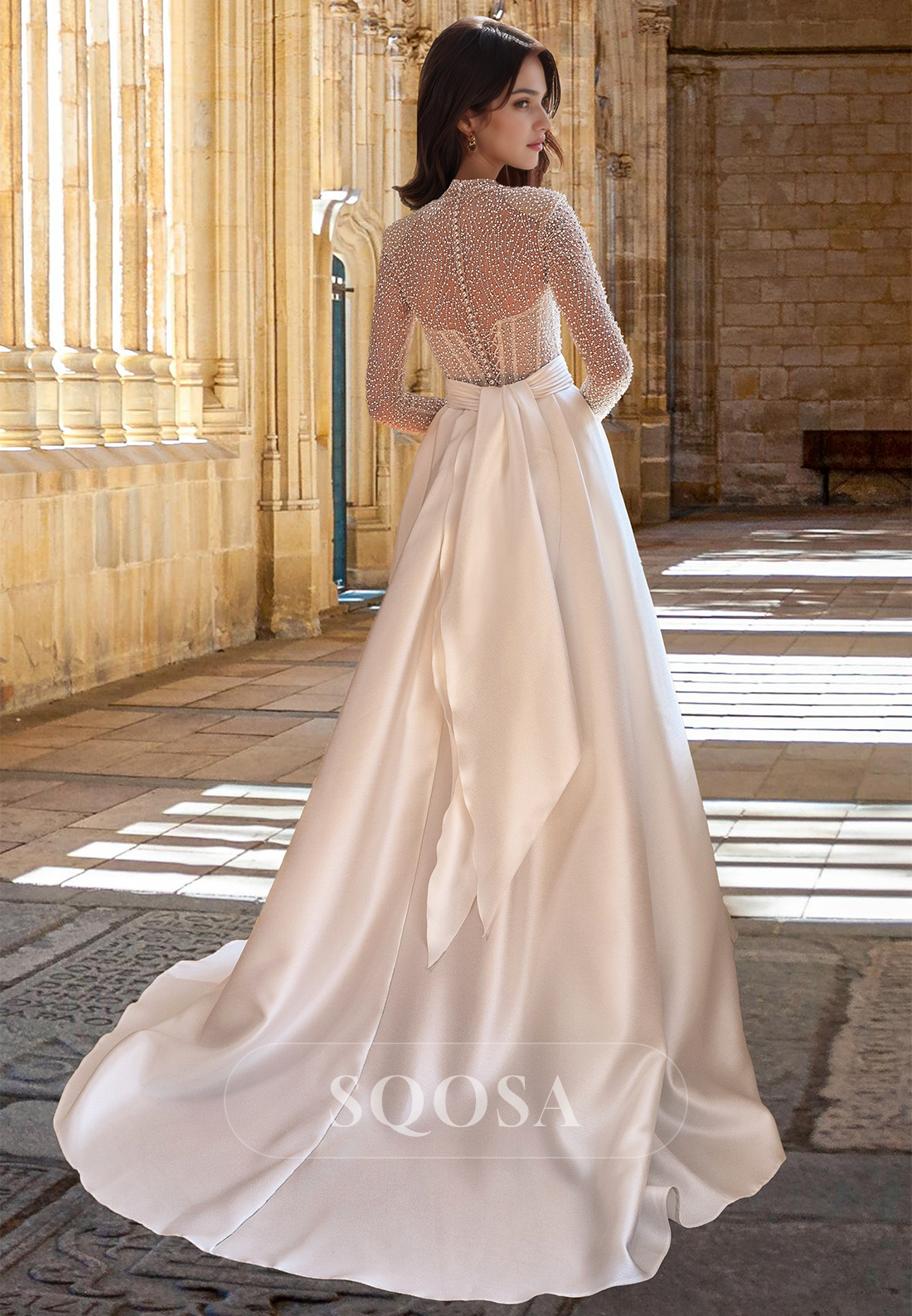 High Scoop-Neck Long-Sleeves A-Line Wedding Dress Beaded Pleated Satin Sweep Train Bride Gowns