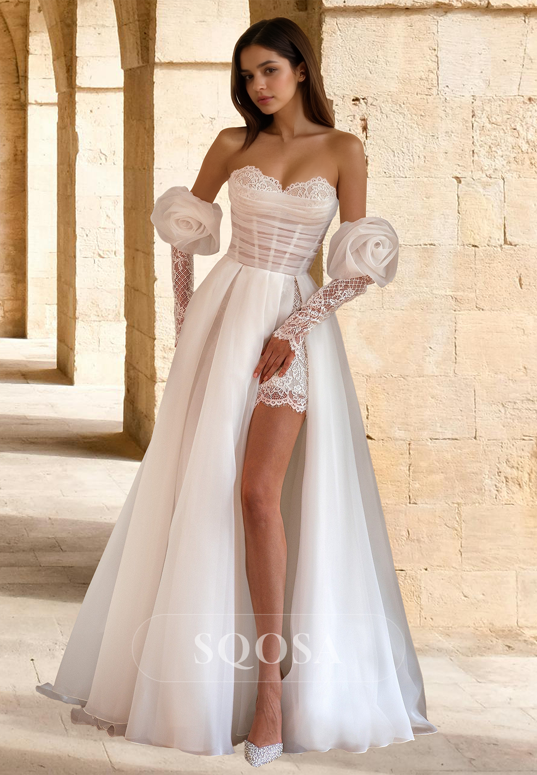 off the shoulder pleated tulle wedding dress Beach Pleated Tulle Off-The-Shoulder A-Line Wedding Dresses With Slit, White-Nude / 0