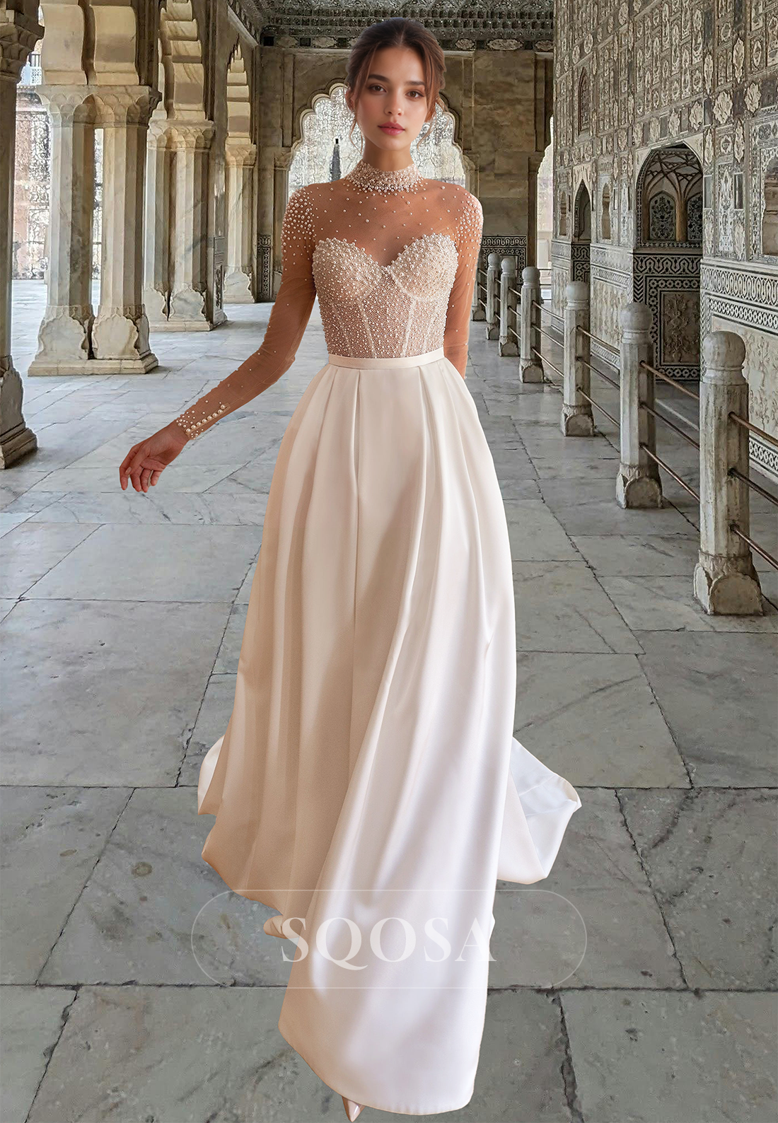 A-Line High Scoop-Neck Long-Sleeves Wedding Dress Beaded Pleated