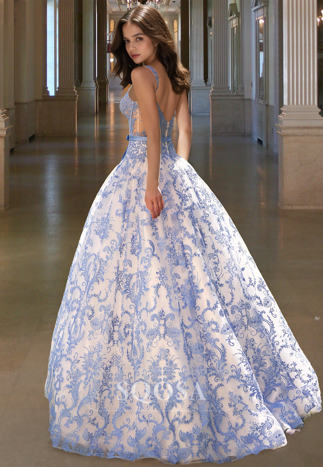 Spaghetti Straps Scoop-Neck Sleeveless A-Line Prom Dress Off-Shoulder Beaded Applique Party Gowns