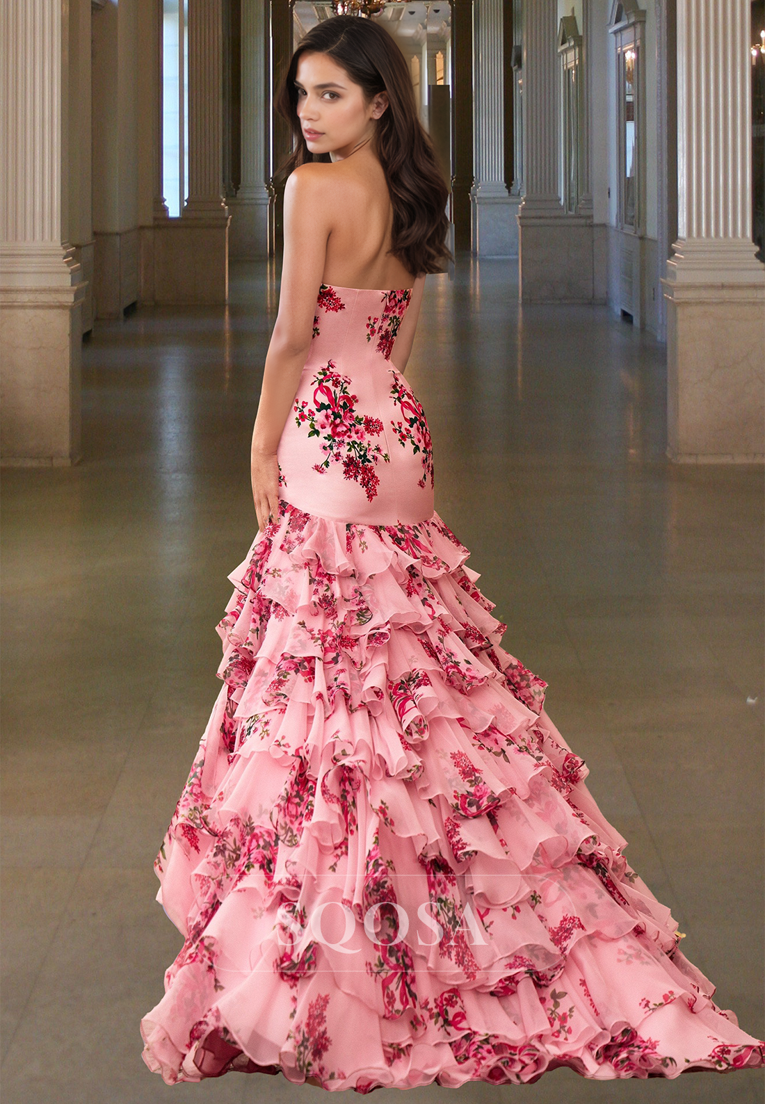 Off-Shoulder Tube Top Sleeveless Formal Gowns Pleated Tiered Chiffon Mermaid Prom Dress