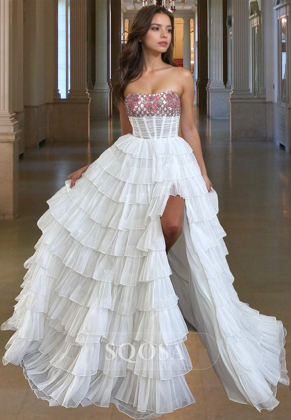 Tube Top Off-Shoulder Sleeveless Beaded Applique Pleated Tulle Tiered SQOSA Tube Top Off-Shoulder Sleeveless Beaded Applique Pleated Tulle Tiered SQOSA