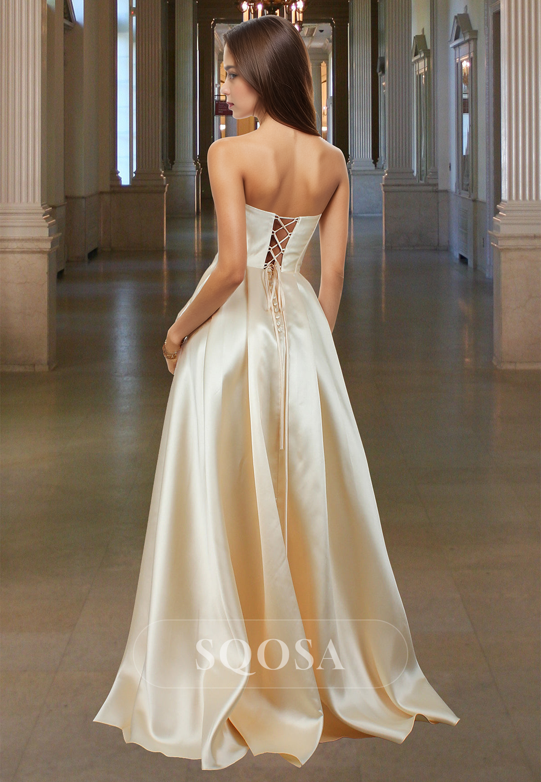 Scoop-Neck Off-Shoulder Sleeveless A-Line Prom Dress Beaded Pleated Satin Slit Evening Dress