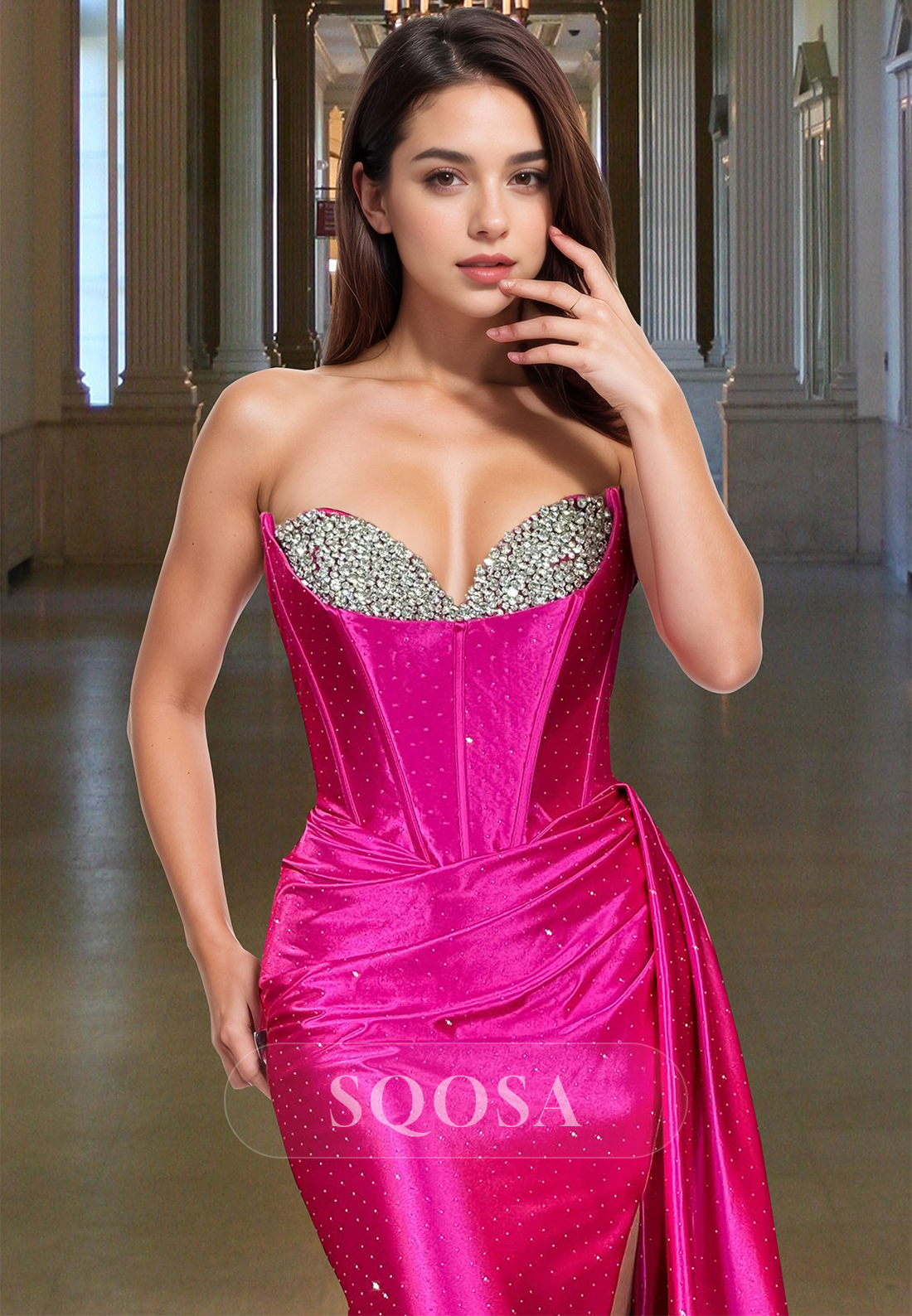 Sweetheart Sleeveless Pleated Beaded Formal Gowns Off-Shoulder Mermaid Prom Dress with Sweep Train