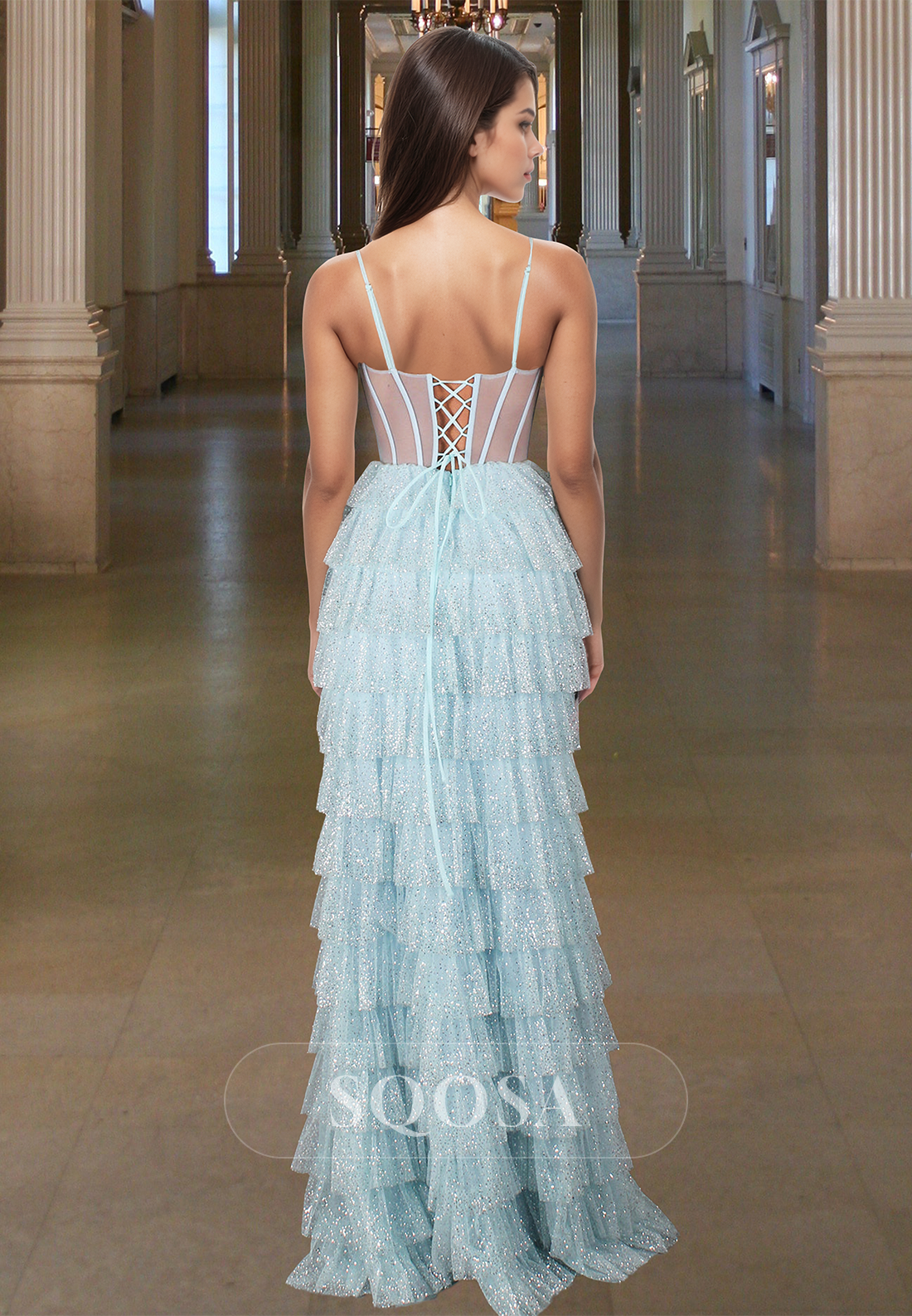 Spaghetti Straps V-Neck Off-Shoulder Fitted Prom Dress Sleeveless Sequined Tiered Tulle Evening Gowns