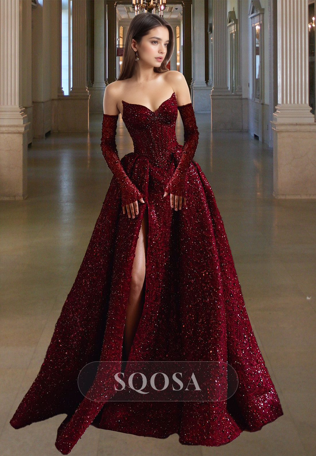 Sweetheart Off-Shoulder Sleeveless Party Gowns Fully Sequined Pleated SQOSA Sweetheart Off-Shoulder Sleeveless Party Gowns Fully Sequined Pleated SQOSA