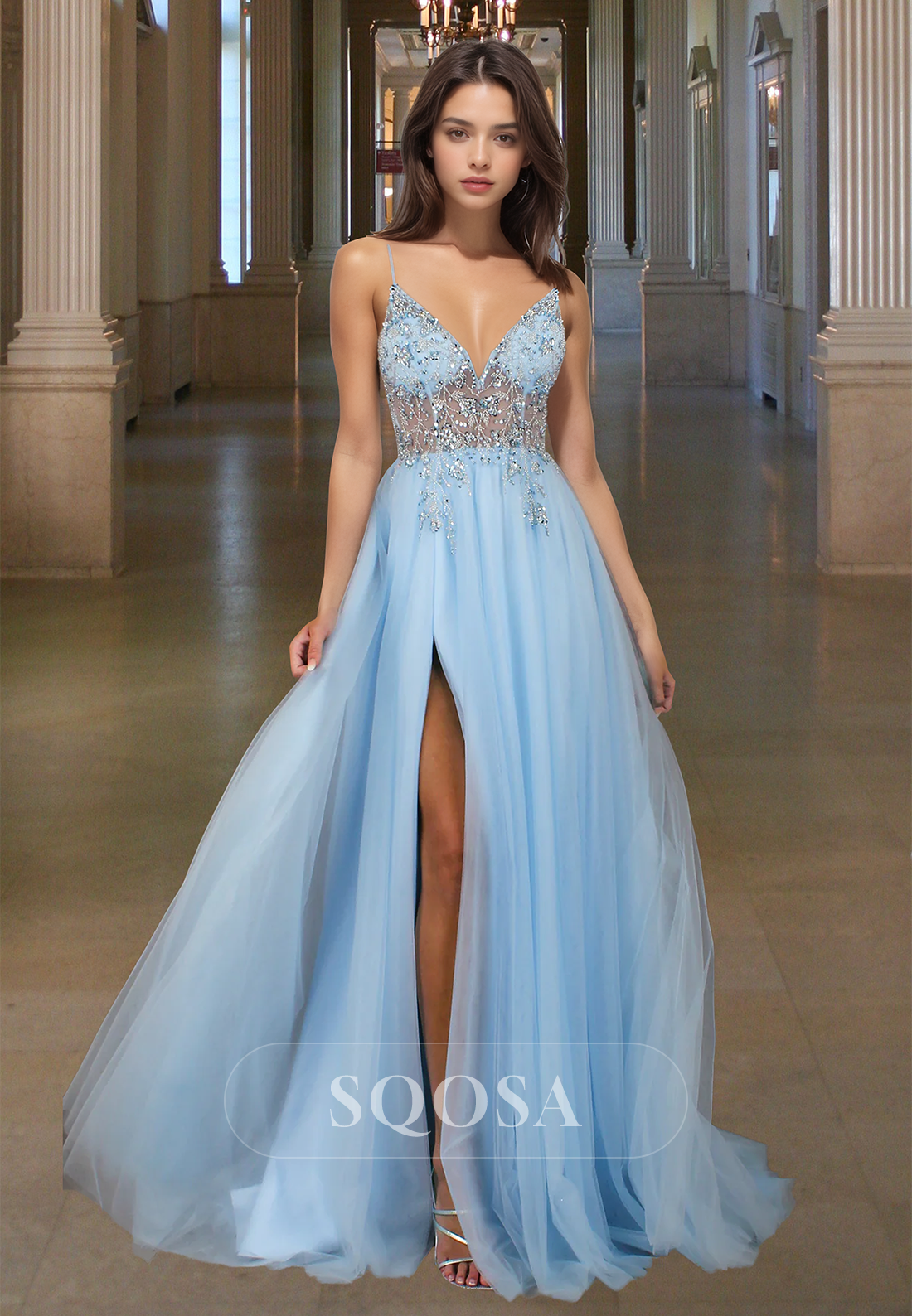 V-Neck Spaghetti Straps Sleeveless Glitter Applique Pleated Tulle A-Line Prom Dress with High Slit Custom Color / US6 V-Neck Spaghetti Straps Sleeveless Glitter Applique Pleated Tulle A-Line Prom Dress with High Slit Custom Color / US6