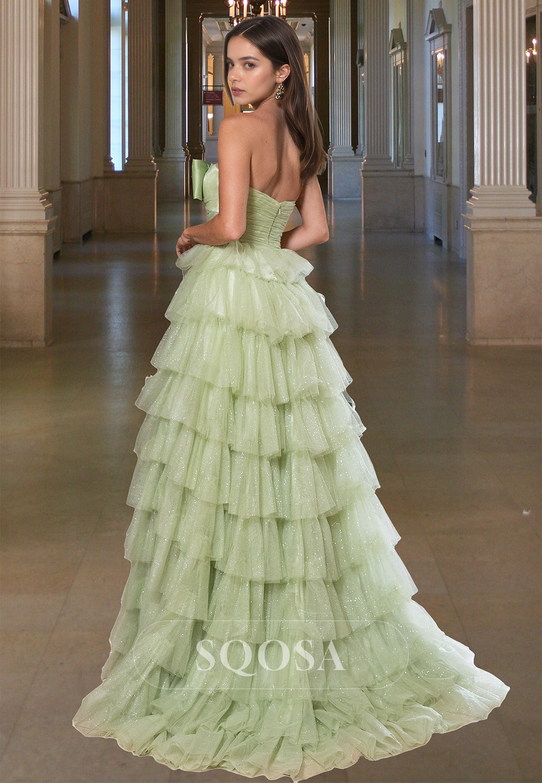 Bow Sweetheart Off-Shoulder Sleeveless Party Gowns Sequined Glitter-Knit Tiered A-Line Prom Dress