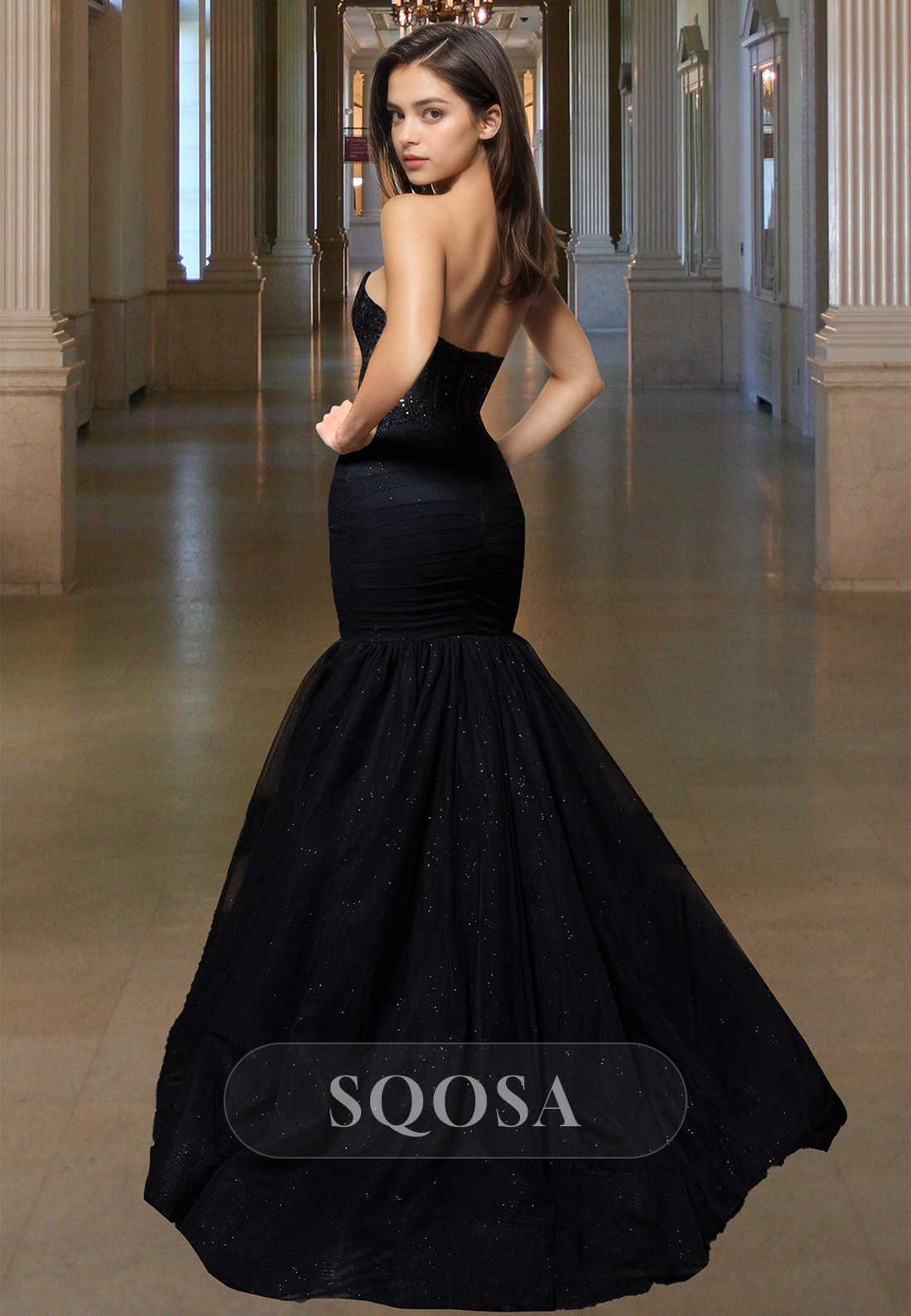 Off-Shoulder Sleeveless Beaded Applique Formal Gowns Sweetheart Sequined Pleated Meramid Prom Dress