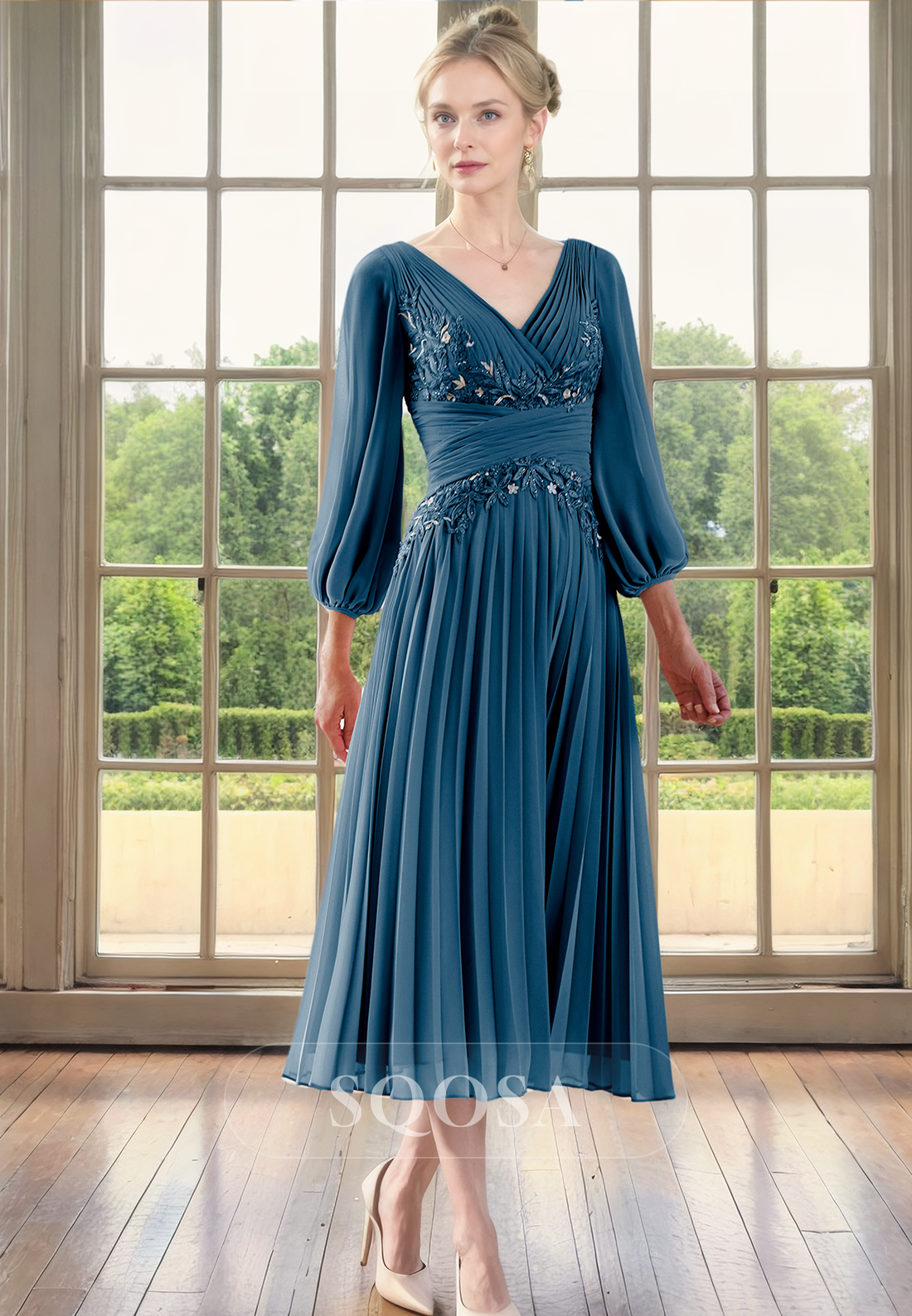 A Line V neck Chiffon Pleats 3/4 Sleeves Mother of the Bride Dress for SQOSA A Line V neck Chiffon Pleats 3/4 Sleeves Mother of the Bride Dress for SQOSA
