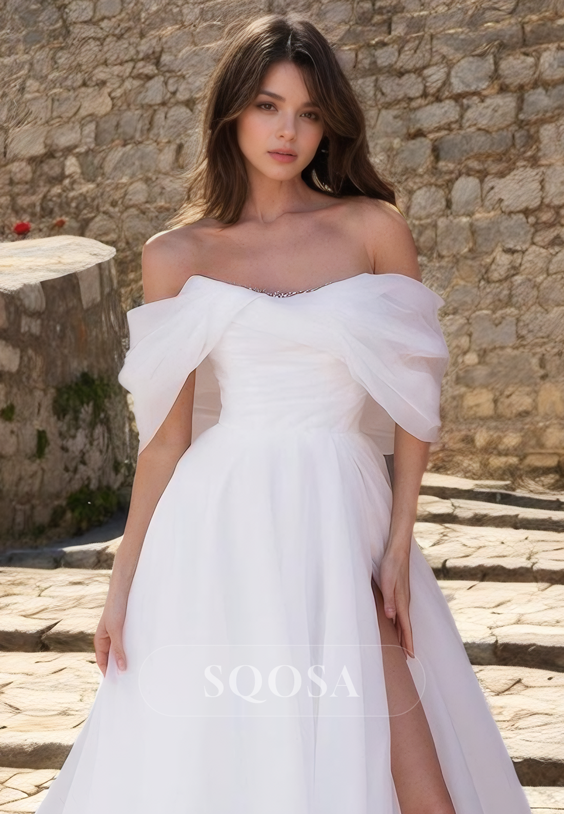 A Line Illusion Neckline Organza Romatic Wedding Dress with Slit