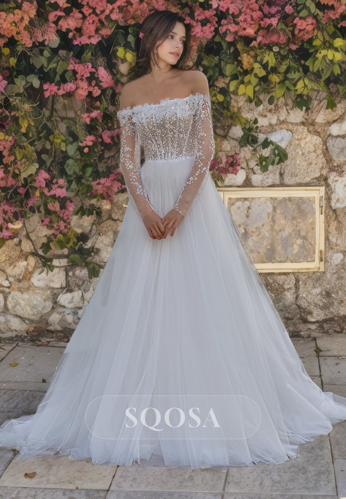 A-Line Off-Shoulder Tube Top Bridal Gowns with Train Beaded Long Sleeves Wedding Dress White / US2 A-Line Off-Shoulder Tube Top Bridal Gowns with Train Beaded Long Sleeves Wedding Dress White / US2