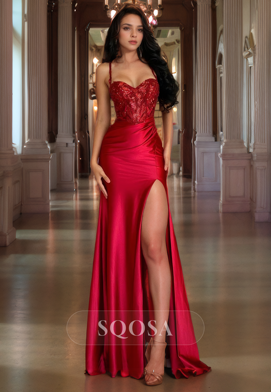 Spaghetti Straps Sweetheart Appliques Burgundy Prom Dress with Slit Fo SQOSA Spaghetti Straps Sweetheart Appliques Burgundy Prom Dress with Slit Fo SQOSA