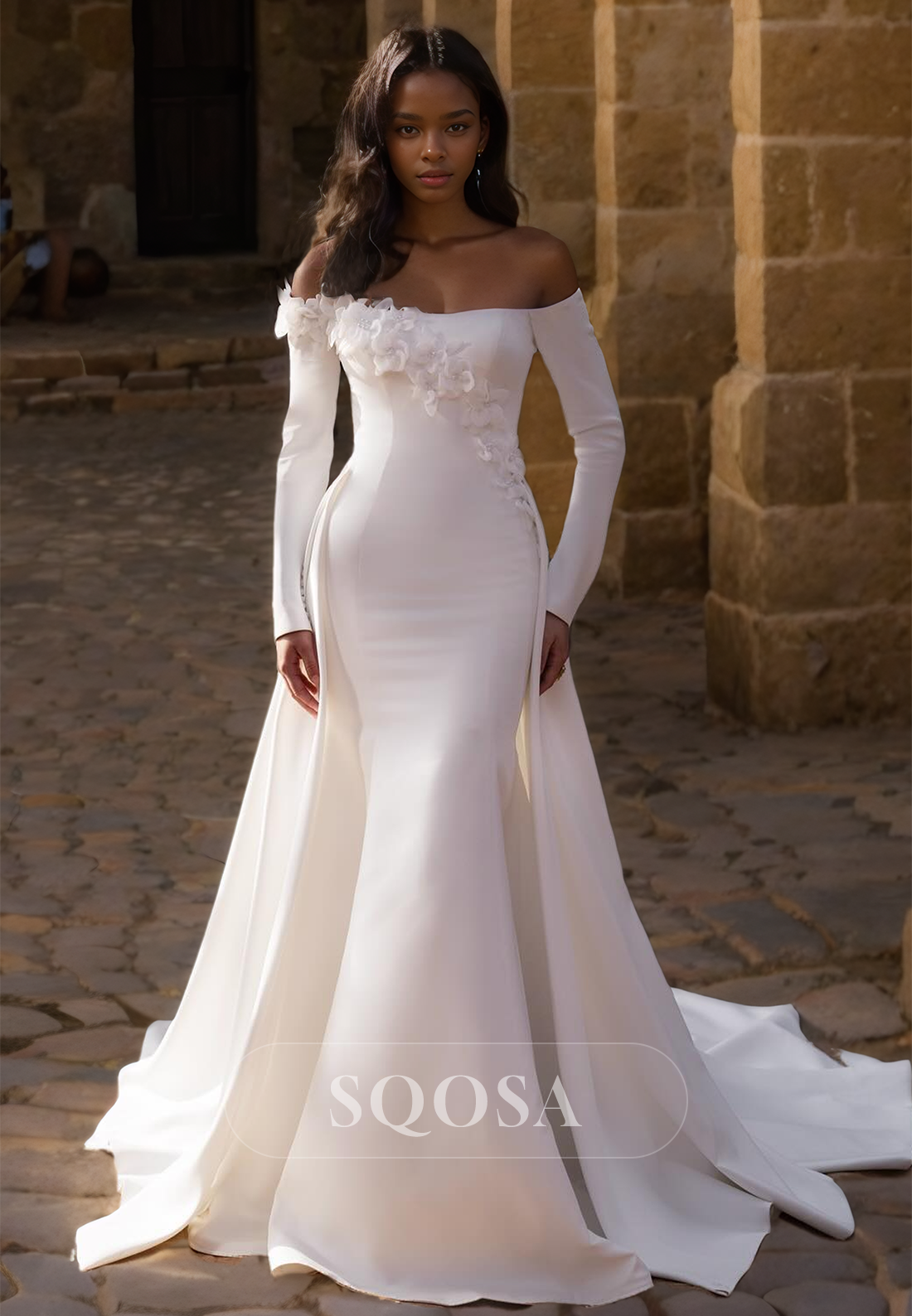 Tube Top Long-Sleeves Mermaid Bride Gowns Floral Embellished Satin Wedding Dress with Overskirt Ivory / US14 Tube Top Long-Sleeves Mermaid Bride Gowns Floral Embellished Satin Wedding Dress with Overskirt Ivory / US14