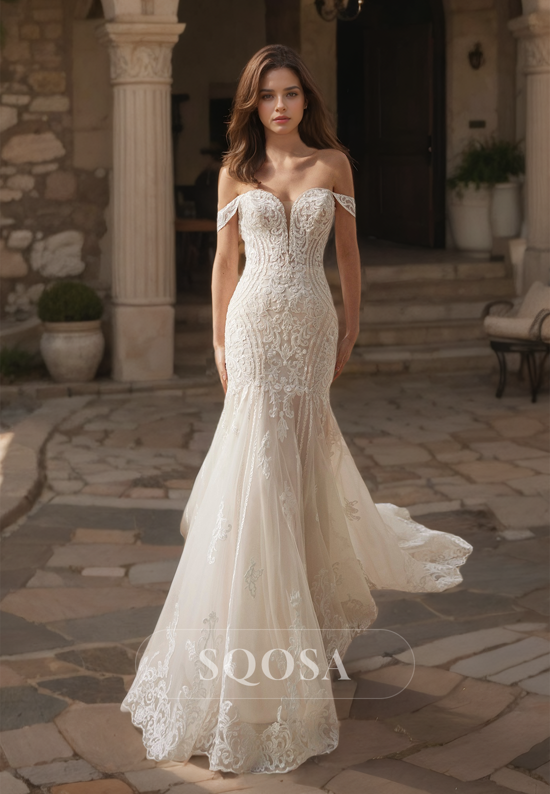 Sweetheart Off-Shoulder Beach Mermaid Wedding Dress Appliques Lace Wit SQOSA Sweetheart Off-Shoulder Beach Mermaid Wedding Dress Appliques Lace Wit SQOSA