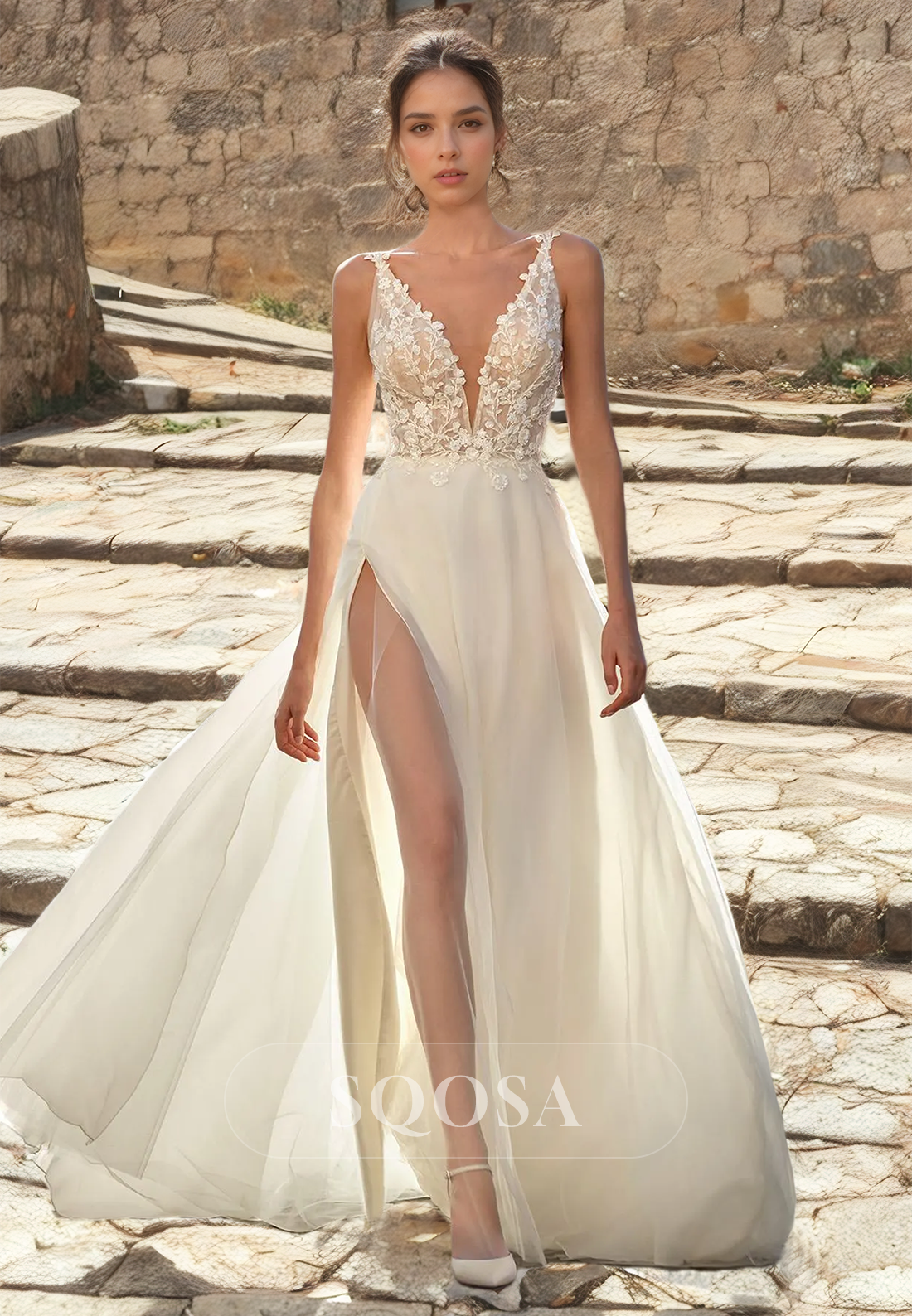 deep v beach dress June Bridals Vintage Lace Boho Summer Wedding Dress Destination with Cap Sleeves Romantic A-Line Country Deep V Neck Bridal Gown with Open-Back -