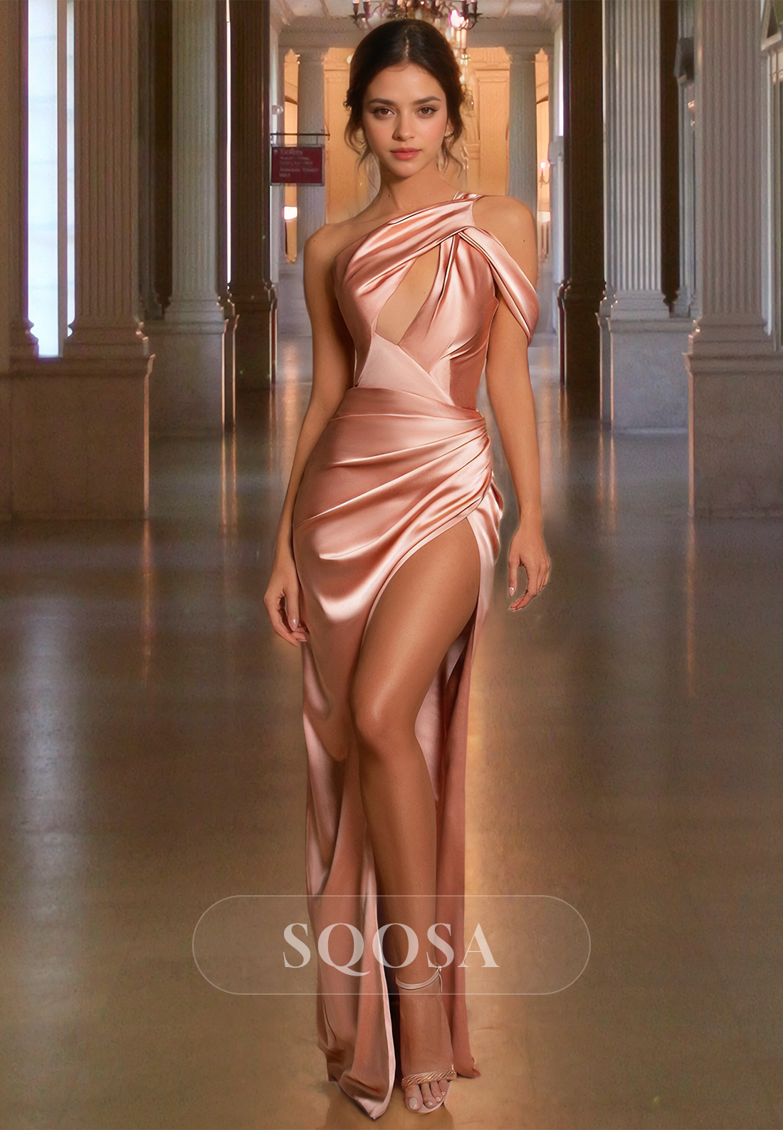 Asymmetrical Neck Sleeveless Fitted Formal Gowns Floor Length Satin with Slit Prom Dress Custom Color / US10 Asymmetrical Neck Sleeveless Fitted Formal Gowns Floor Length Satin with Slit Prom Dress Custom Color / US10