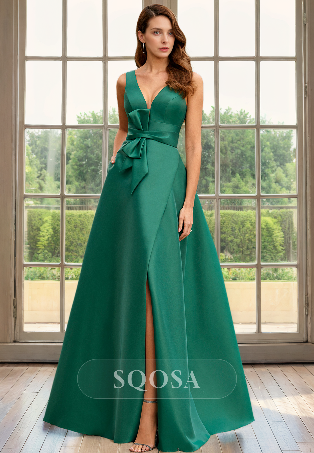 A Line V Neck Satin Simple Long Cocktail Dress with Pockets Mother of The Bride Dress US12 / Custom Color A Line V Neck Satin Simple Long Cocktail Dress with Pockets Mother of The Bride Dress US12 / Custom Color