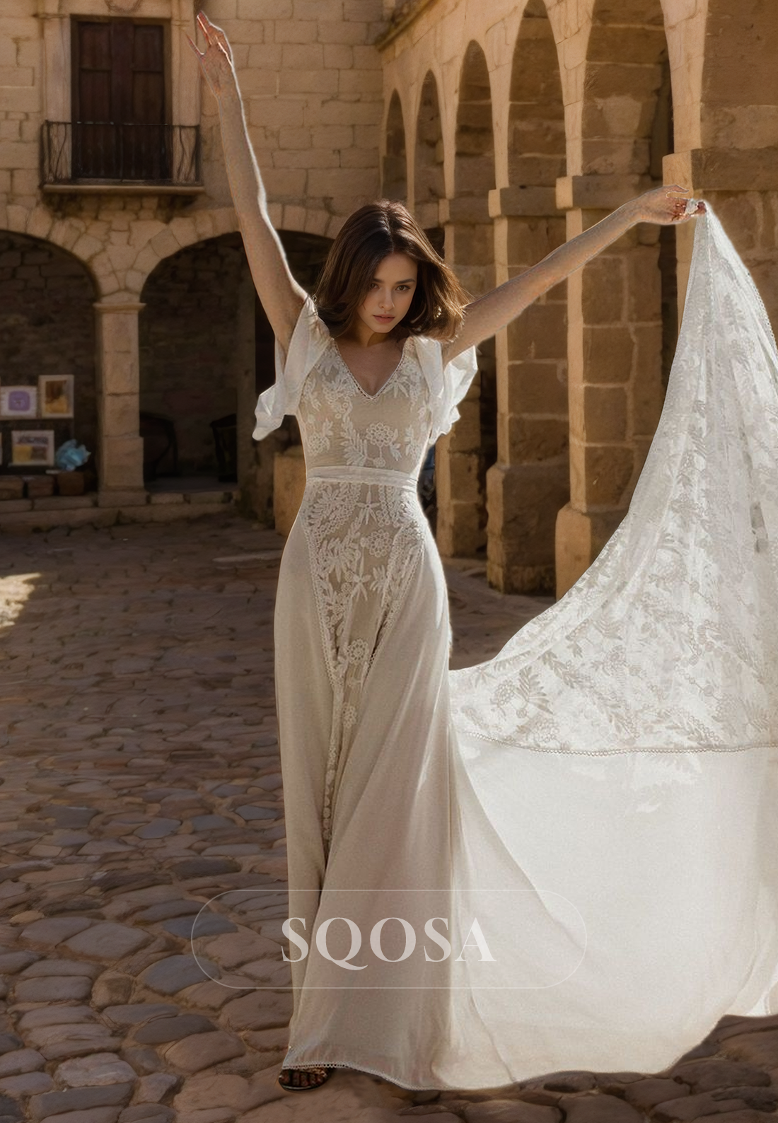 boho wedding dress under $100 with sleeves fast shipping Flybridal Wedding Dress Removable Bell Sleeves A-line Halter Bohemian Lace Bridal Gowns with Slit Nude One Size at Amazon Women's Clothing store