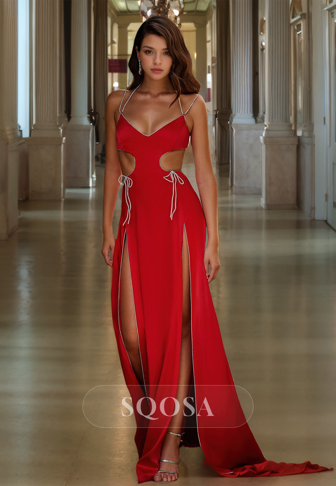 V-Neck Spaghetti Straps Sleeveless Beaded Cutout Double Slit Formal Prom Dress with Sweep Train Red / US10 V-Neck Spaghetti Straps Sleeveless Beaded Cutout Double Slit Formal Prom Dress with Sweep Train Red / US10