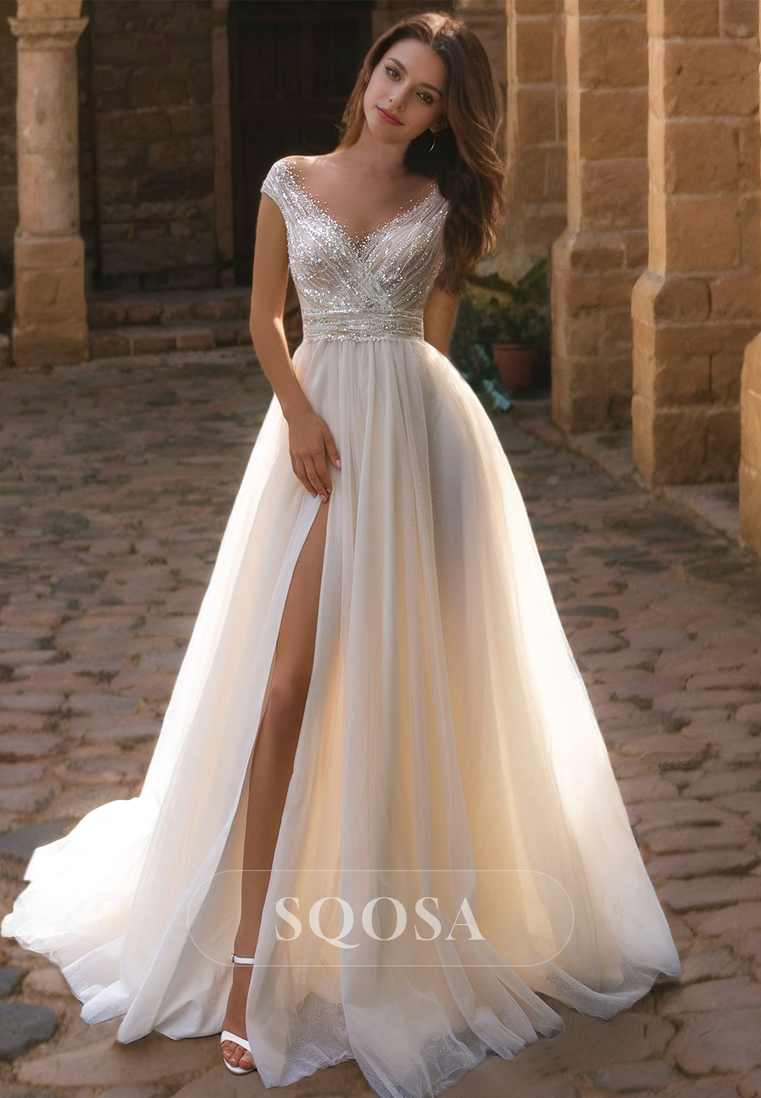 Boho Wedding Dress A-Line V-Neck Sleeveless High Split Beads Lace Bridal Dress with Train Custom Color / US12 Boho Wedding Dress A-Line V-Neck Sleeveless High Split Beads Lace Bridal Dress with Train Custom Color / US12