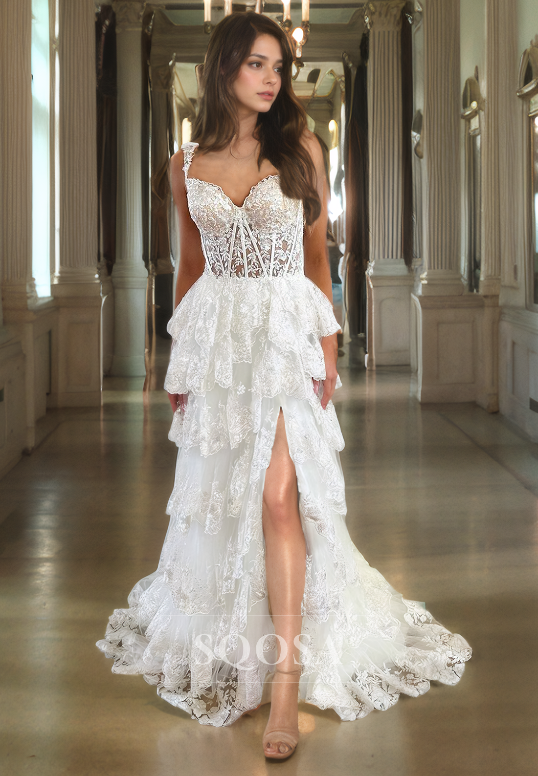 A Line Sweetheart Lace Appliques Tiered Long Prom Dress with Slit Form SQOSA A Line Sweetheart Lace Appliques Tiered Long Prom Dress with Slit Form SQOSA