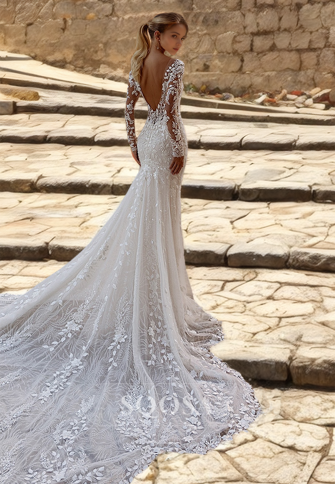 Long-Sleeves Scoop-Neck Allover Lace Bride Gowns Applique Beaded Cutout Mermaid Wedding Dress
