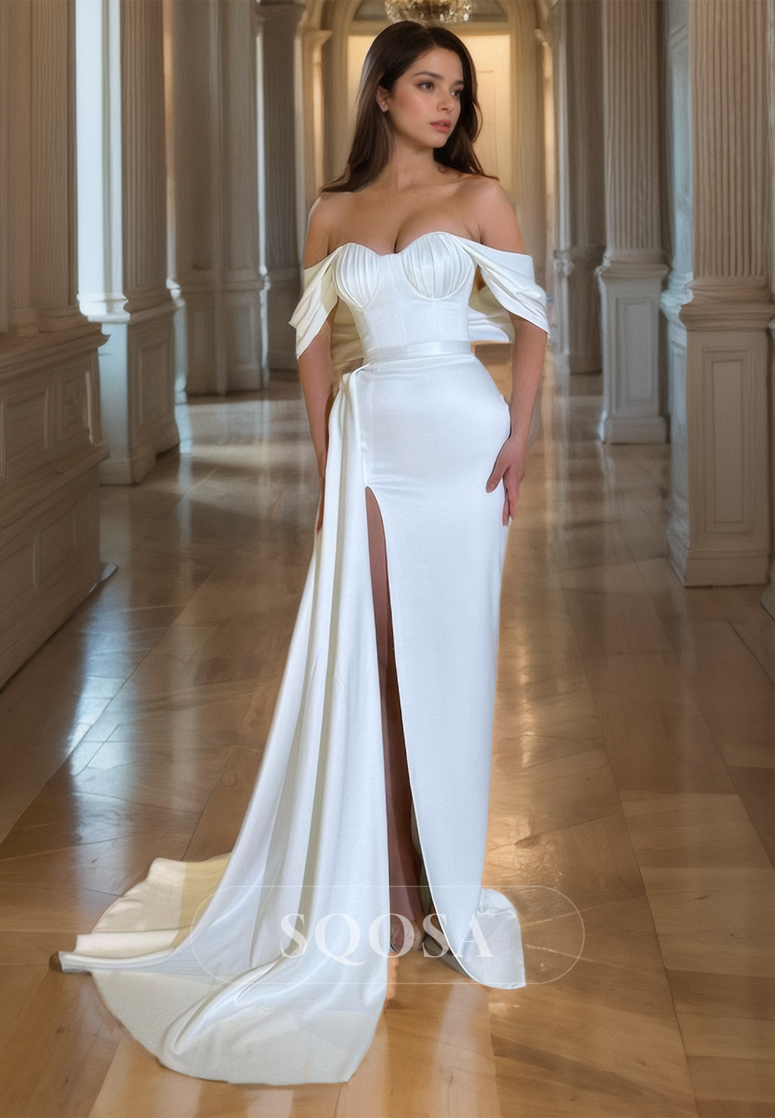 Simple Sweetheart Fitted Party Gowns Sleeveless Pleated Satin Slit Prom Dress with Sweep Train White / US10 Simple Sweetheart Fitted Party Gowns Sleeveless Pleated Satin Slit Prom Dress with Sweep Train White / US10