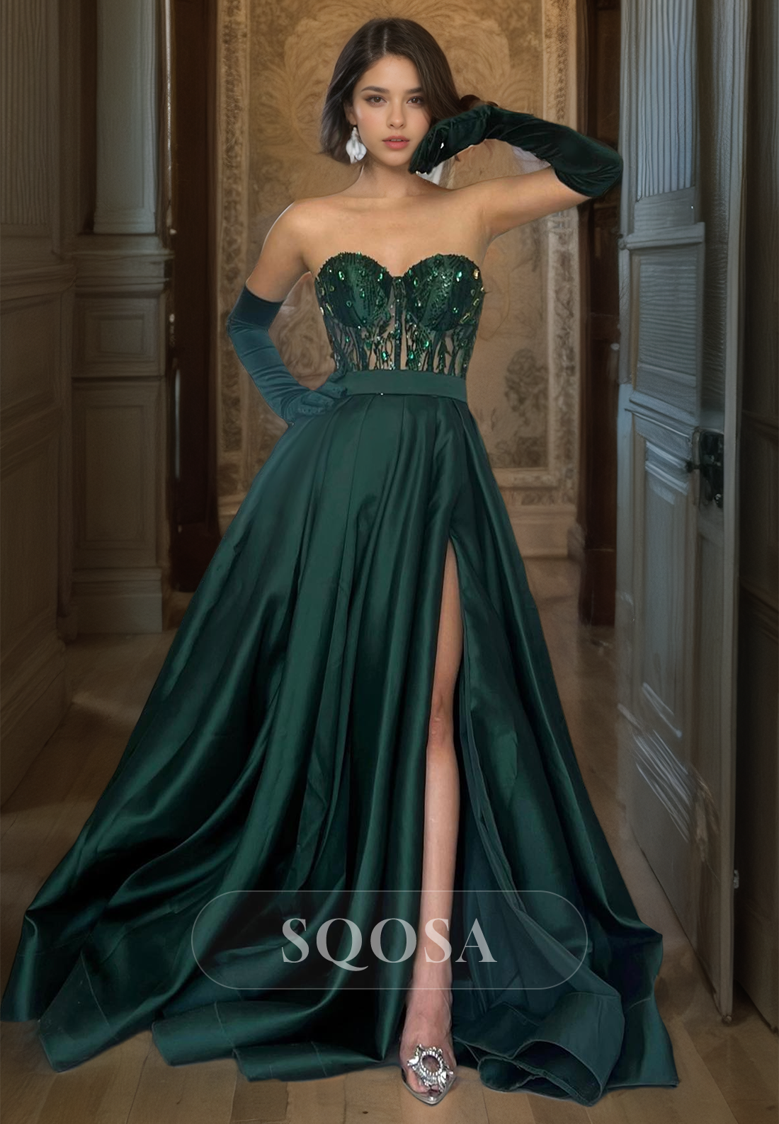 Sweetheart Beaded Satin A-Line Prom Dress Gloves Slit with Train Cutou SQOSA Sweetheart Beaded Satin A-Line Prom Dress Gloves Slit with Train Cutou SQOSA