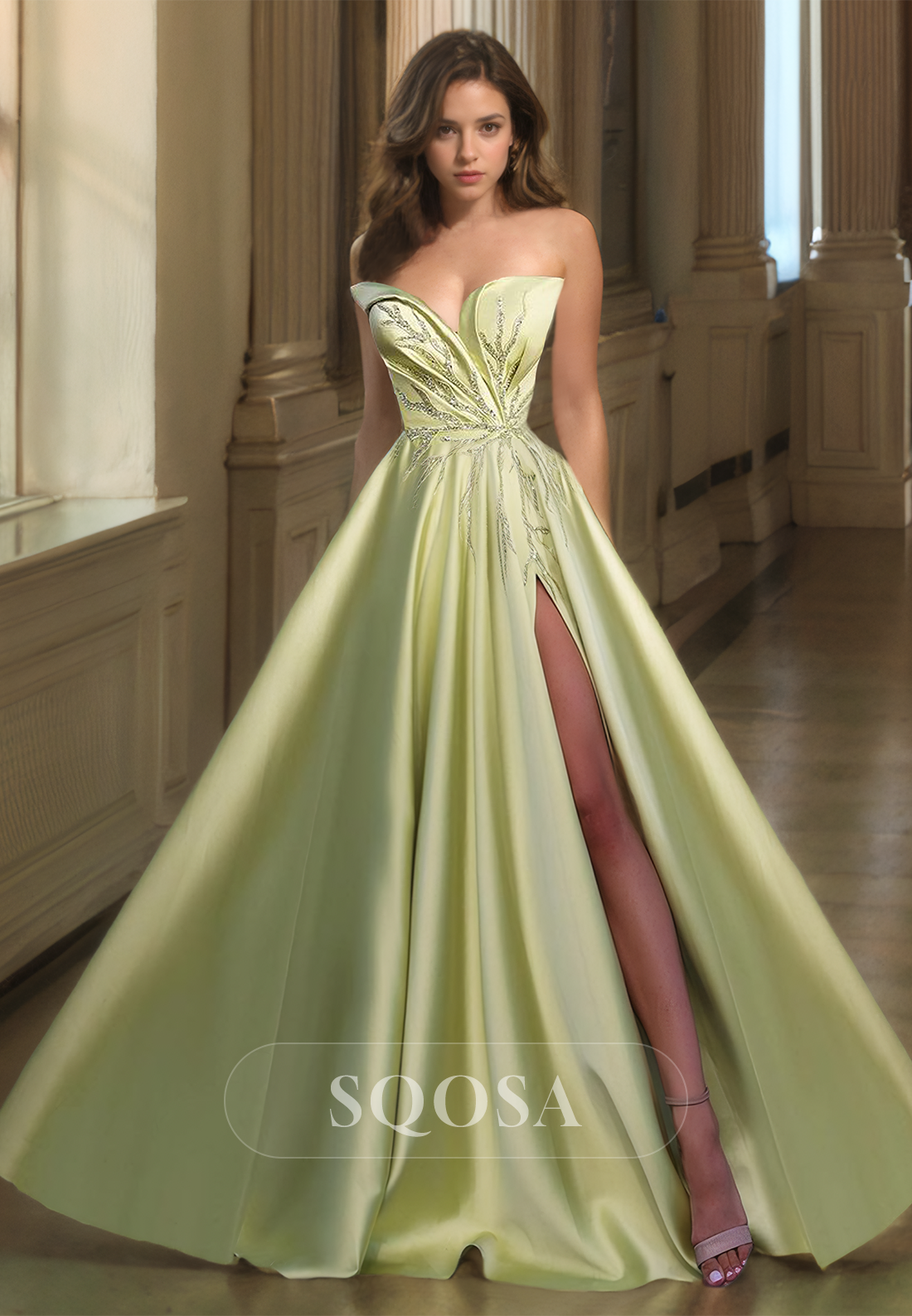 Asymmetrical Sweetheart Off-Shoulder Sleeveless A-Line Prom Dress Beaded Beaded Satin Party Gowns Sage / US6