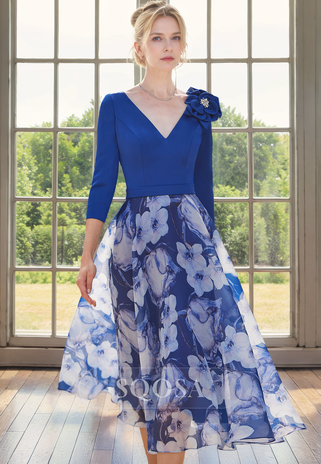 A Line V Neck 3/4 Sleeves Floral Elegant Mother of the Bride Dress US12 / Custom Color A Line V Neck 3/4 Sleeves Floral Elegant Mother of the Bride Dress US12 / Custom Color