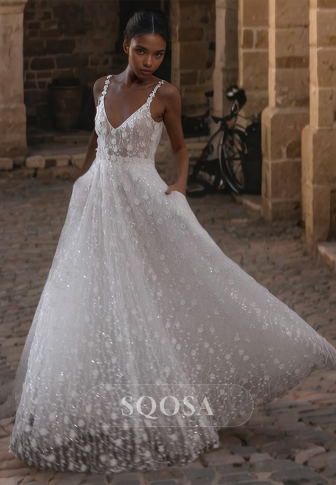 V-Neck Spaghetti Straps Sleeveless Allover Glitter Lace A-Line Wedding Dress with Sweep Train Custom Color / US10 V-Neck Spaghetti Straps Sleeveless Allover Glitter Lace A-Line Wedding Dress with Sweep Train Custom Color / US10